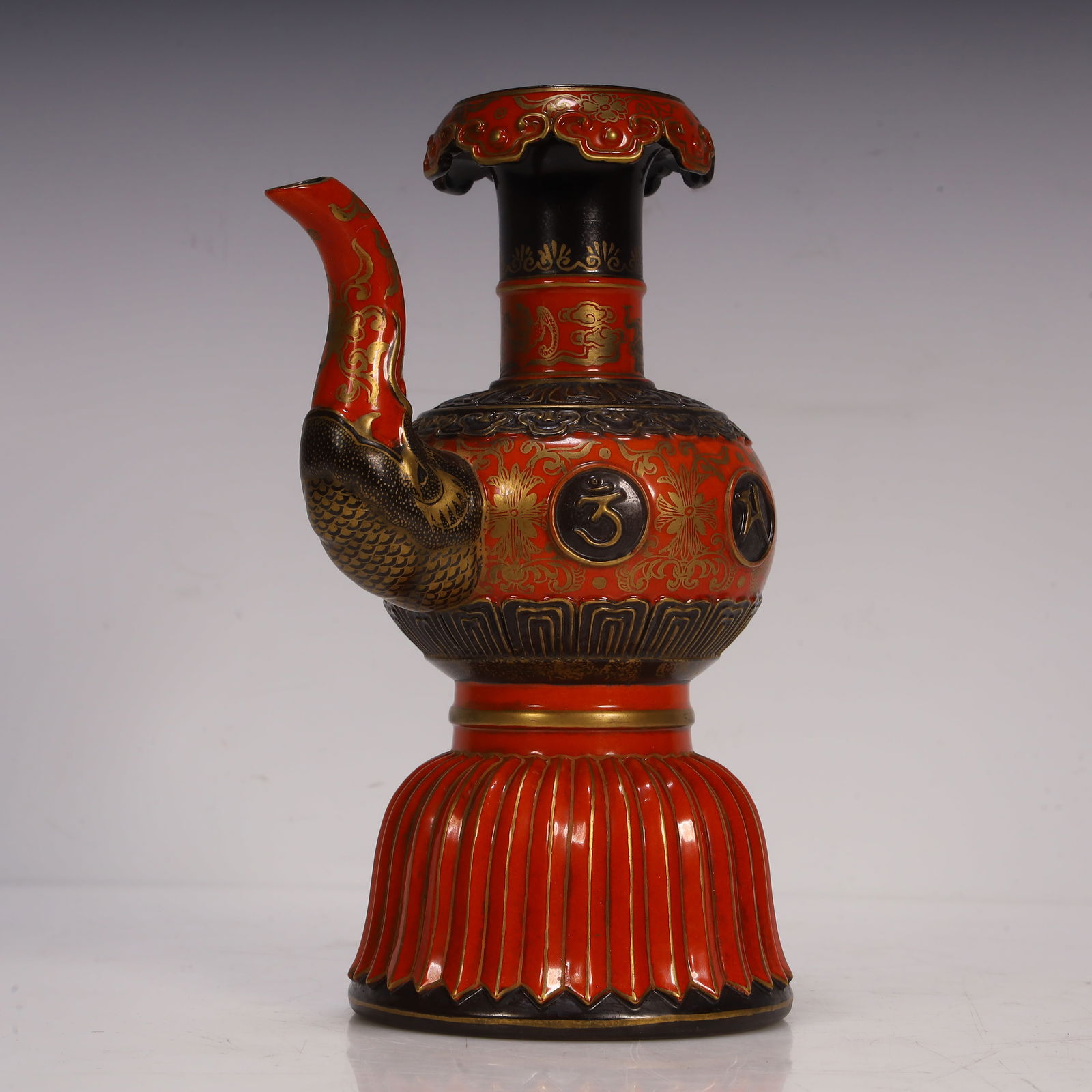 A bronze glaze carved alum red gilded silver Sanskrit gomba pot (1 of 8)