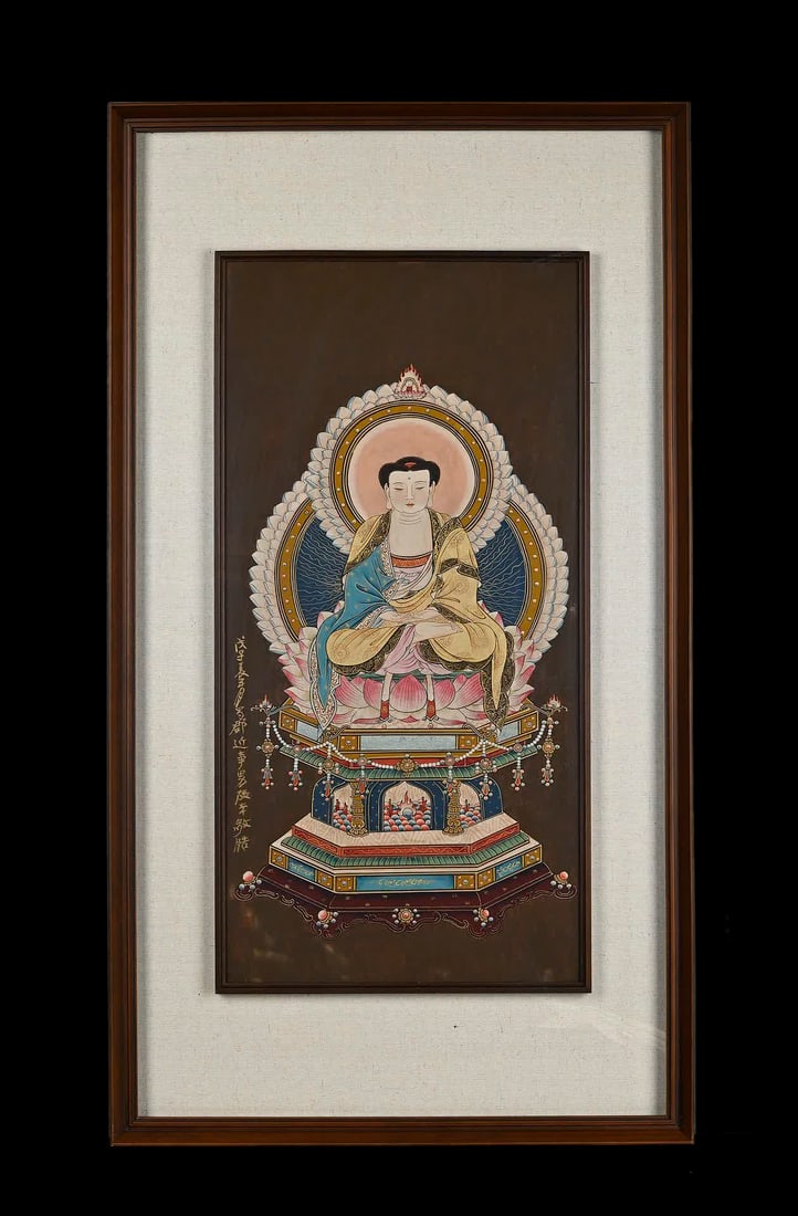 A picture of a Buddha statue of Zhang Daqian: Zhang Daqian's Buddha statue picture SIZE: Core 35x70cm Frame Overall 56x100cm