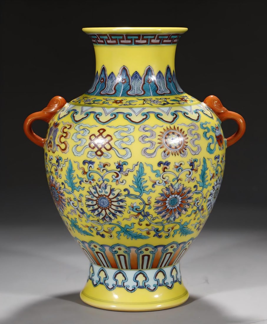 A Qing Qianlong yellow ground doucai lotus eight treasure amphora (1 of 9)