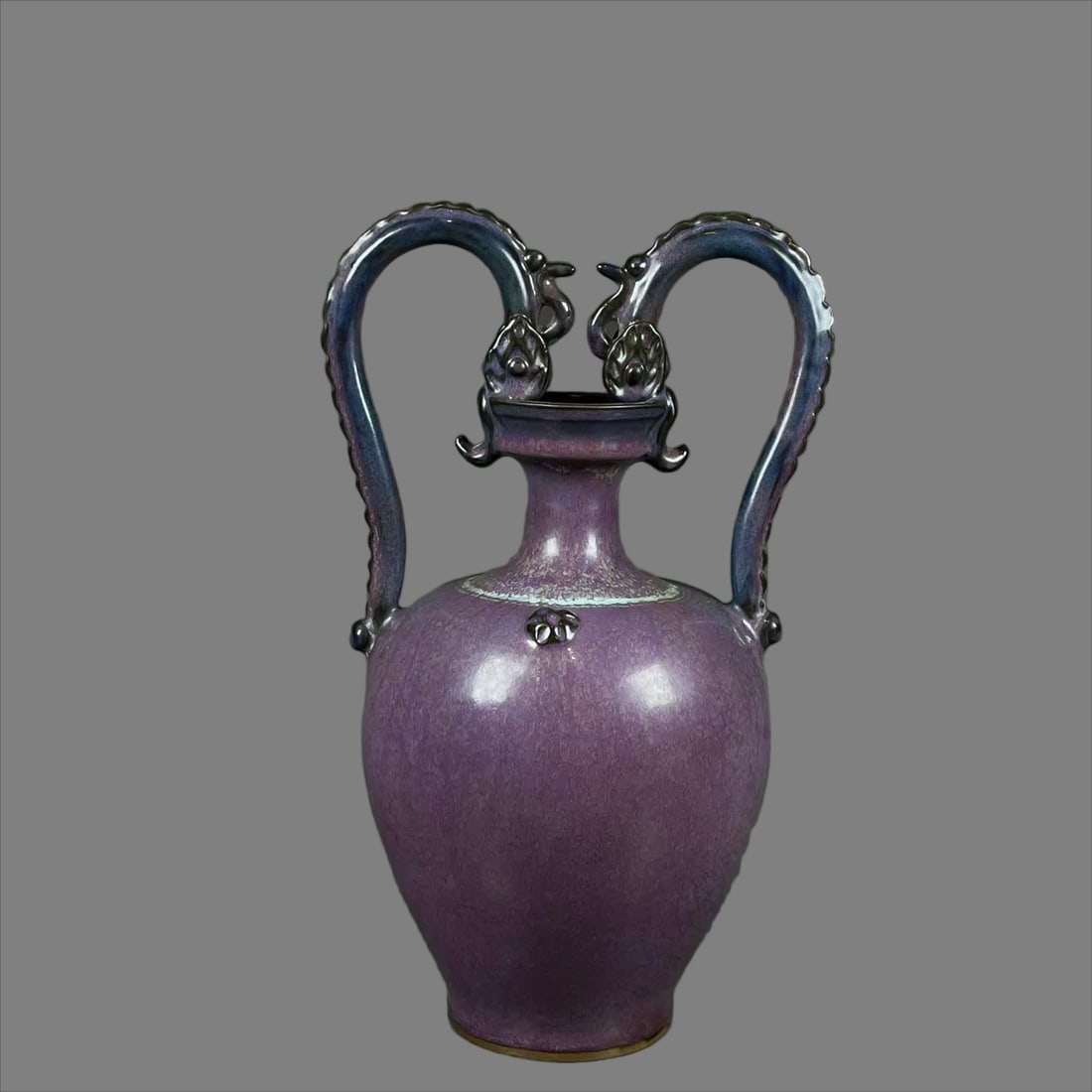 A Song Jun kiln lilac purple glaze double dragon bottle: Song Jun kiln lilac purple glaze double dragon bottle SIZE: H: 33cm Ear W: 22cm