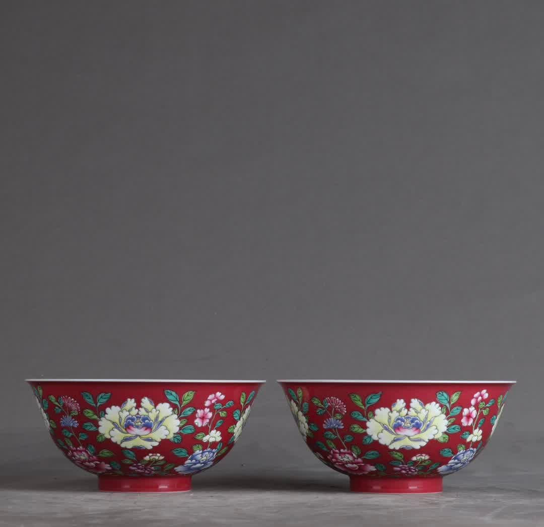 A pair of Qing Yongzheng carmine red peony bowls: Qing Yongzheng carmine red peony bowl SIZE: H:6.8cm D:15cm