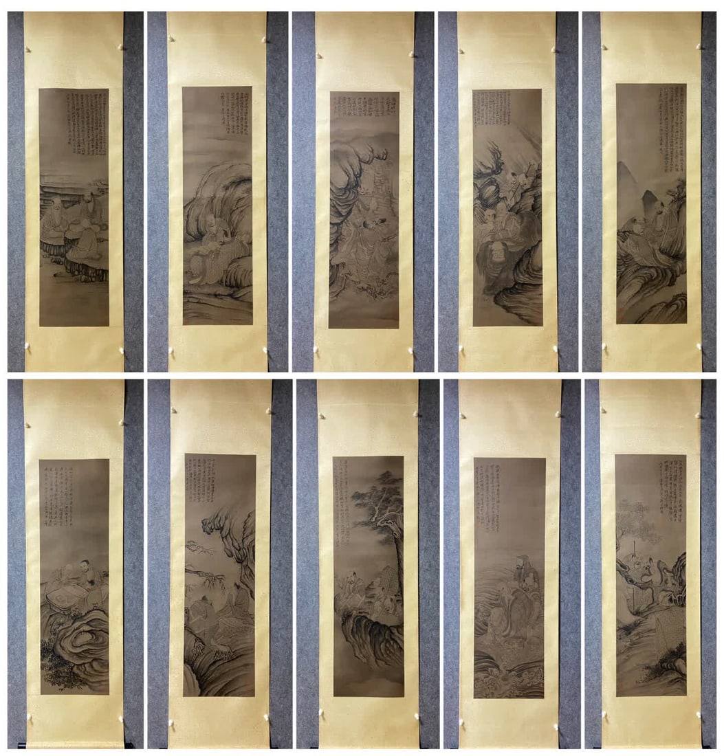 A landscape map of Shi Tao with ten screens: Shi Tao's landscape map ten screens SIZE: 135x40cm x10 (The Dimensions Of All Batches Are Manually Measured.If You Need More Detailed Information, Please Contact Our Customer Service Before Bidding.)