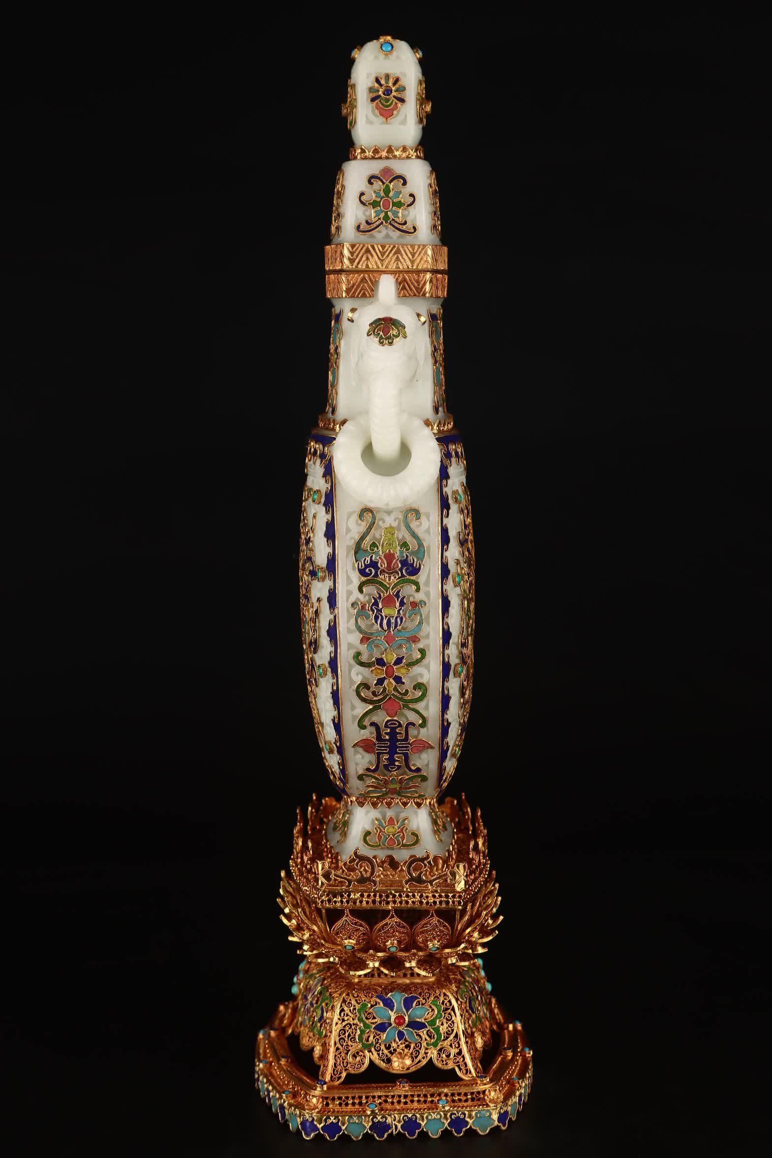 A Qing Dynasty filigree gilt inlaid jade flat vase ornament - 2