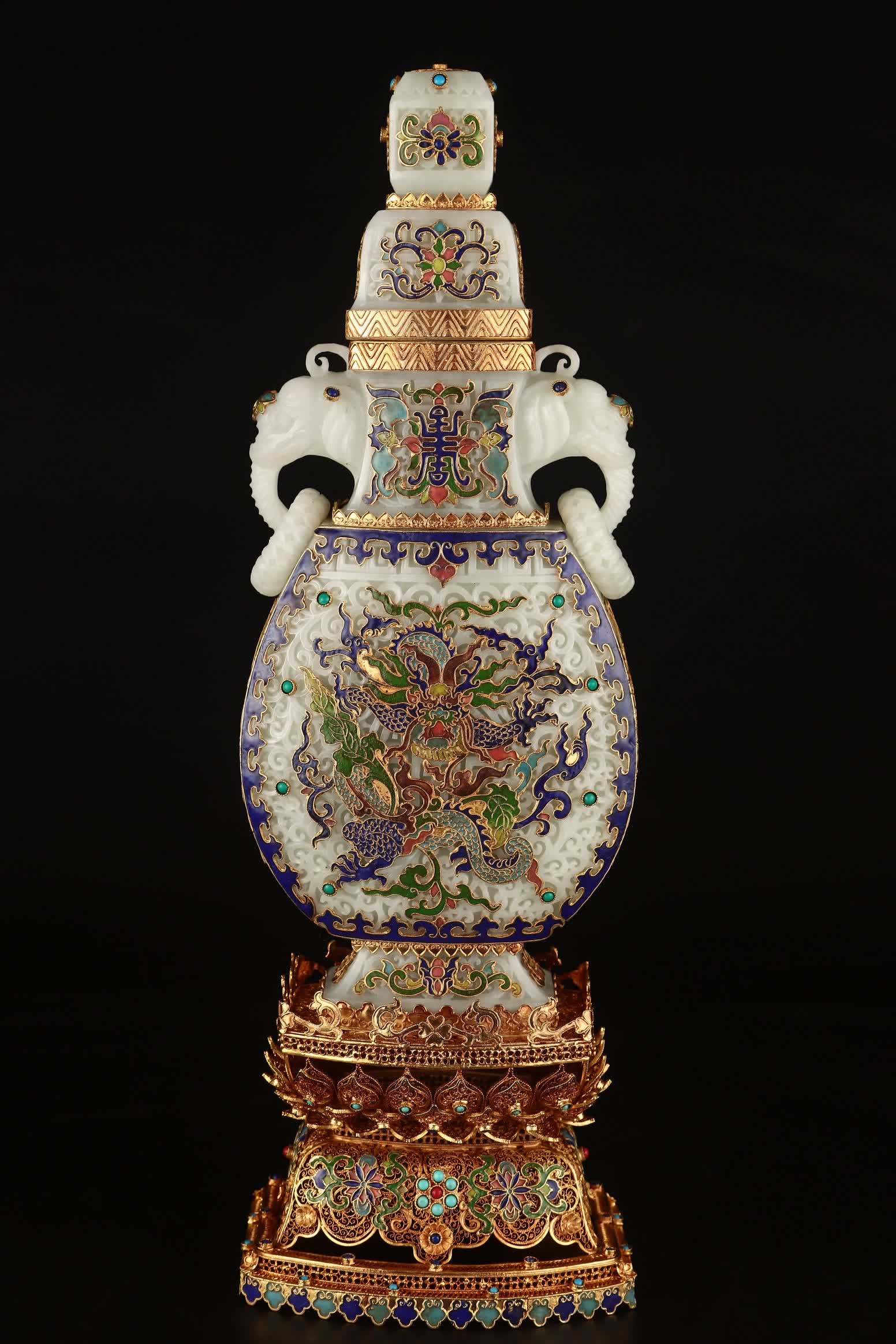 A Qing Dynasty filigree gilt inlaid jade flat vase ornament - 3