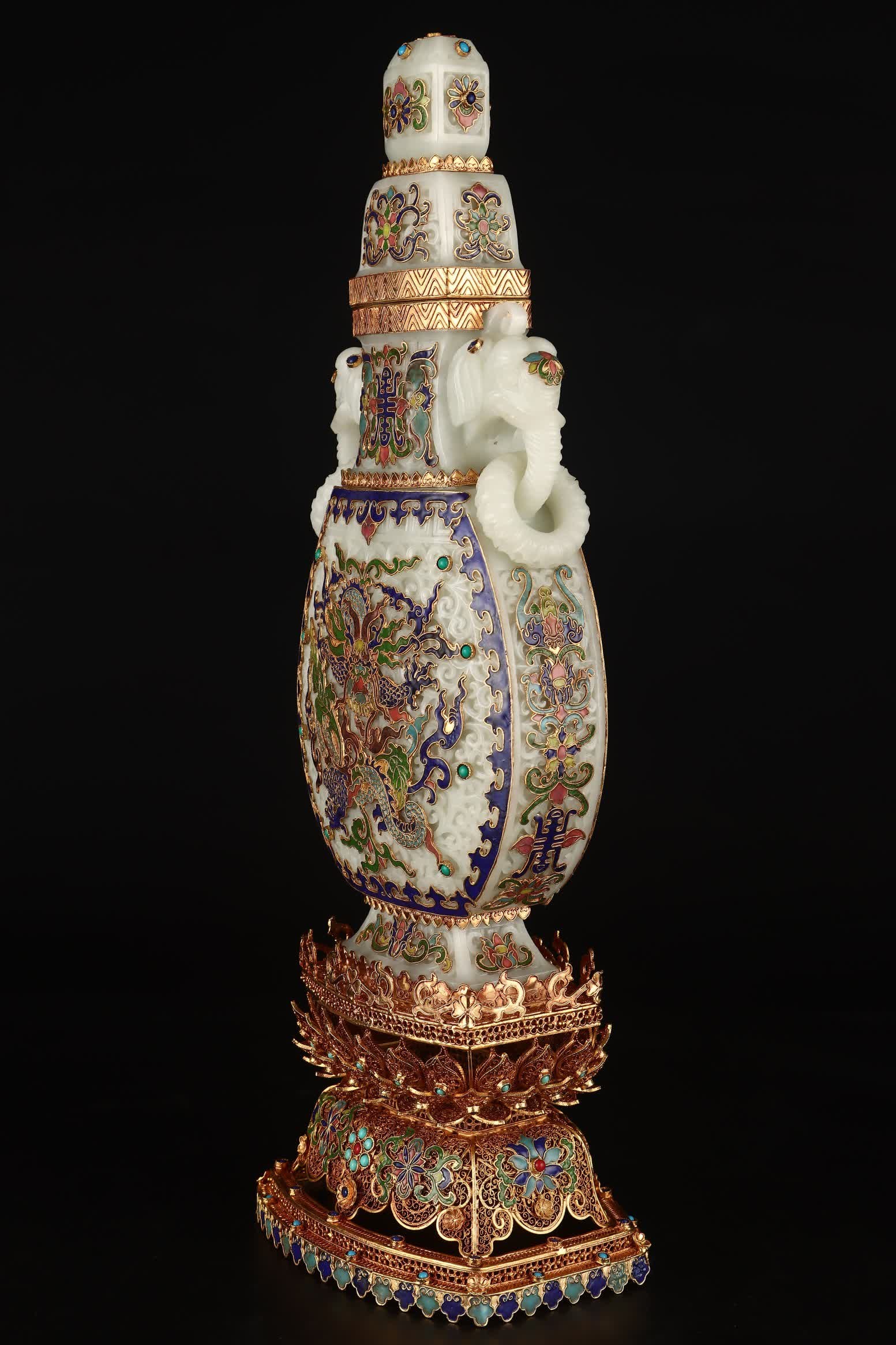 A Qing Dynasty filigree gilt inlaid jade flat vase ornament - 4