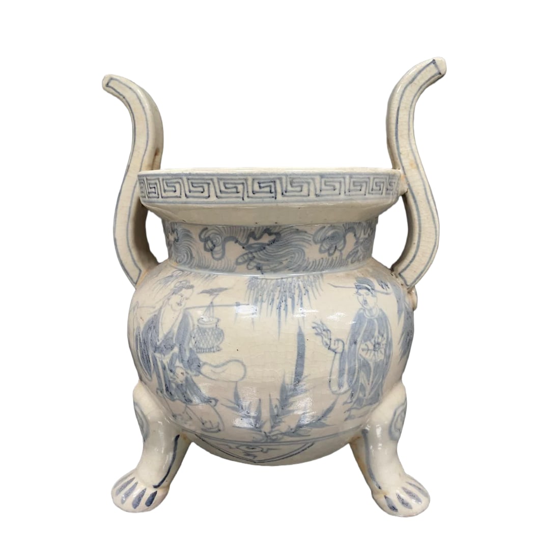 A Ming Xuande blue and white figure pattern amphorae three-legged stove (1 of 7)