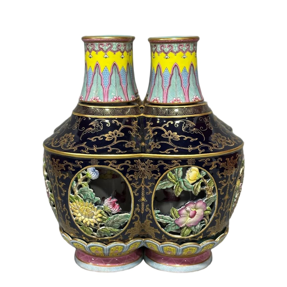 A Qianlong year blue gold-painted four-barrel turning vase (1 of 9)