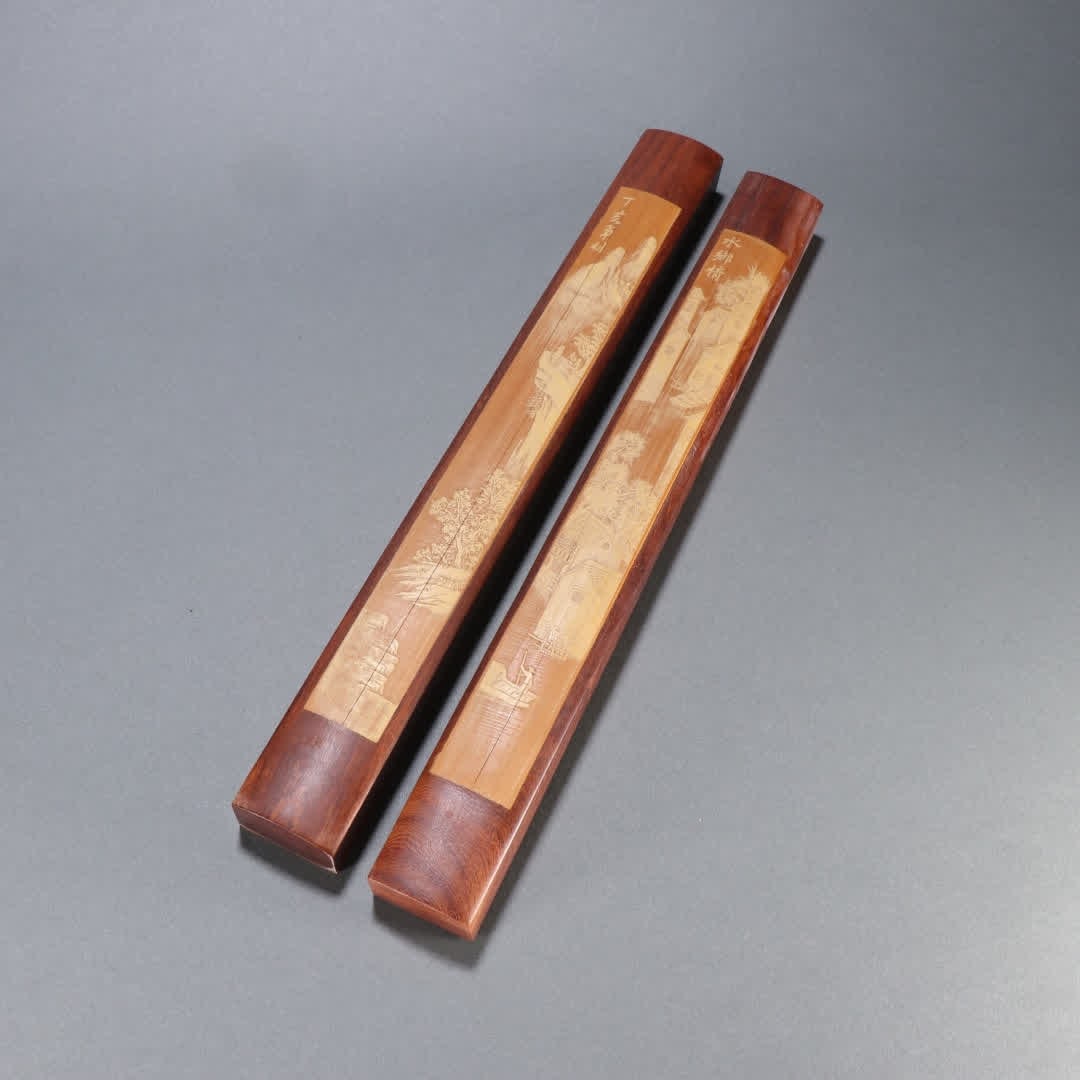 A pair of mahogany inlaid bamboo landscape maps landscape town rulers (1 of 9)