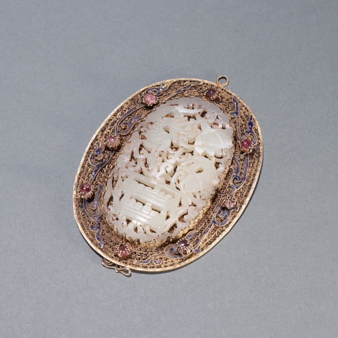 A Qing Dynasty silver gilt filigree inlaid Hetian jade fish leaping dragon gate pendant (1 of 9)