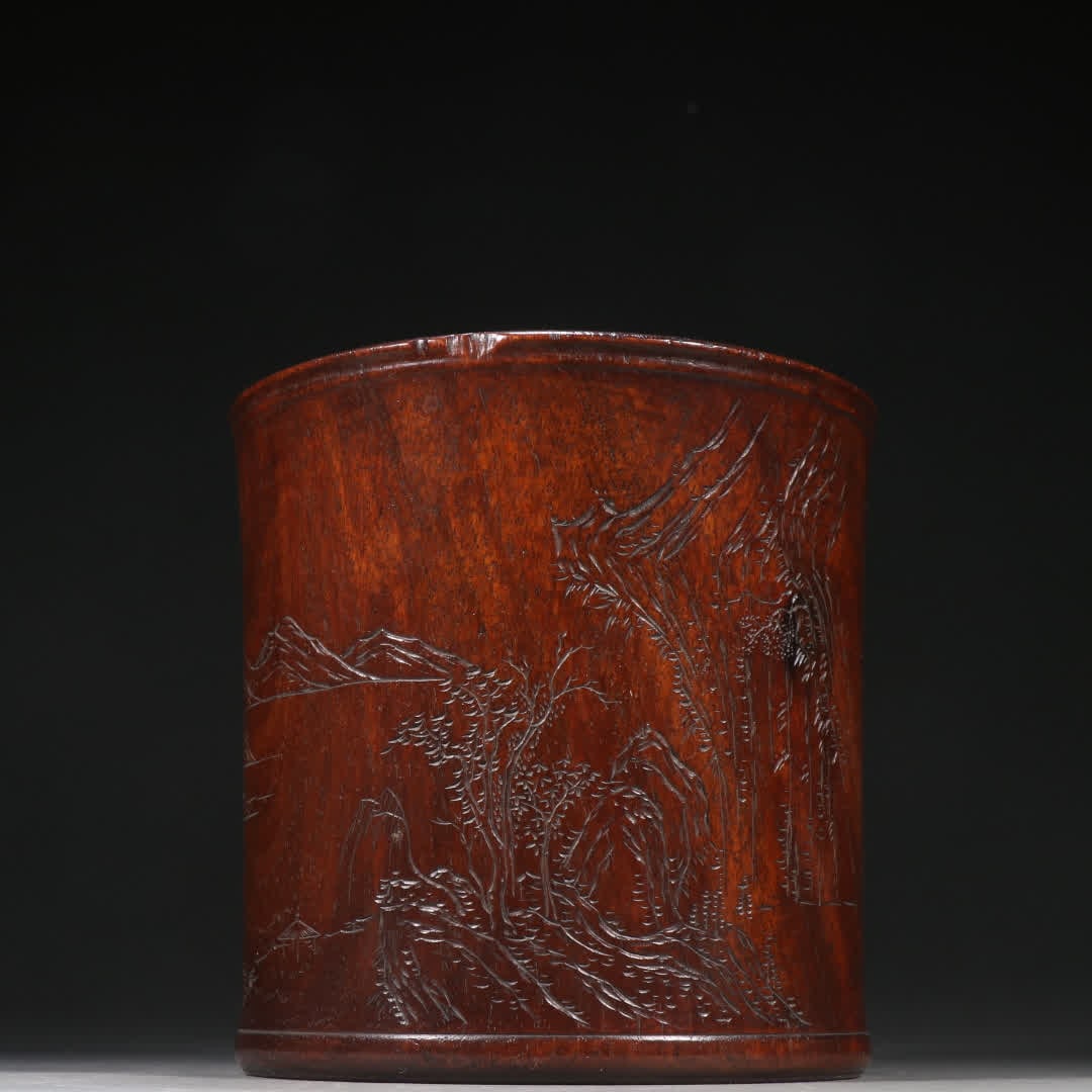 A Qing Dynasty Huanghuali landscape picture poetry pen holder (1 of 9)