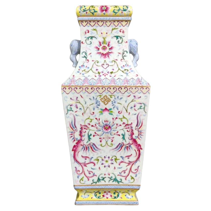 A Qing Dynasty Qianlong treasure flower double phoenix elephant ear square bottle: Qing Dynasty Qianlong treasure flower double phoenix elephant ear square vase SIZE: H:43.5cm D:19cm (The Dimensions Of All Batches Are Manually Measured.If You Need More Detailed Information, Please