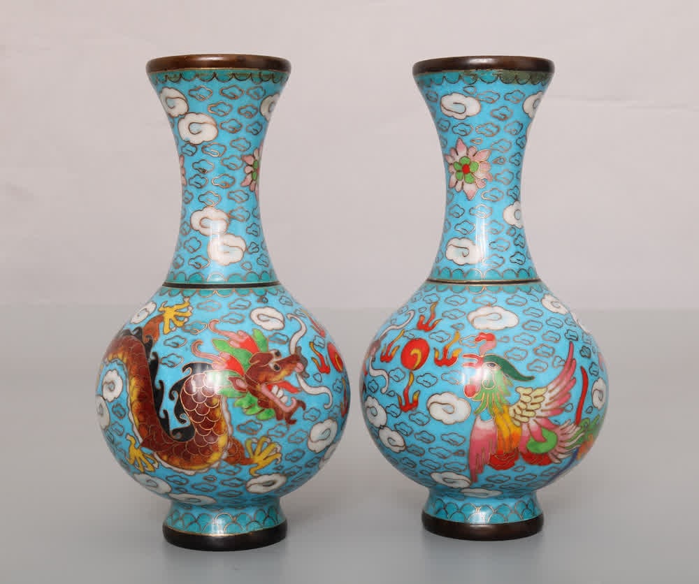 A pair of cloisonné cloisonné dragon and phoenix dragon and phoenix globe bottles (1 of 9)