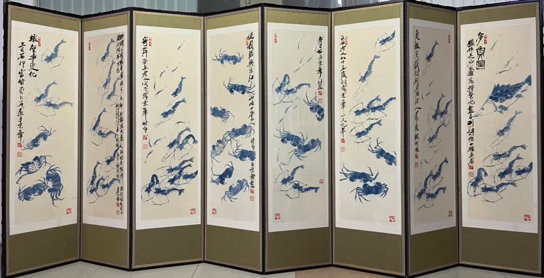 A screen of Qi Baishi's orchid shrimp aquarium picture: Qi Baishi's orchid shrimp aquarium picture screen SIZE: Core 115x34cm x8 Mounting 161x46cm x8 (The Dimensions Of All Batches Are Manually Measured.If You Need More Detailed Information, Please Contact