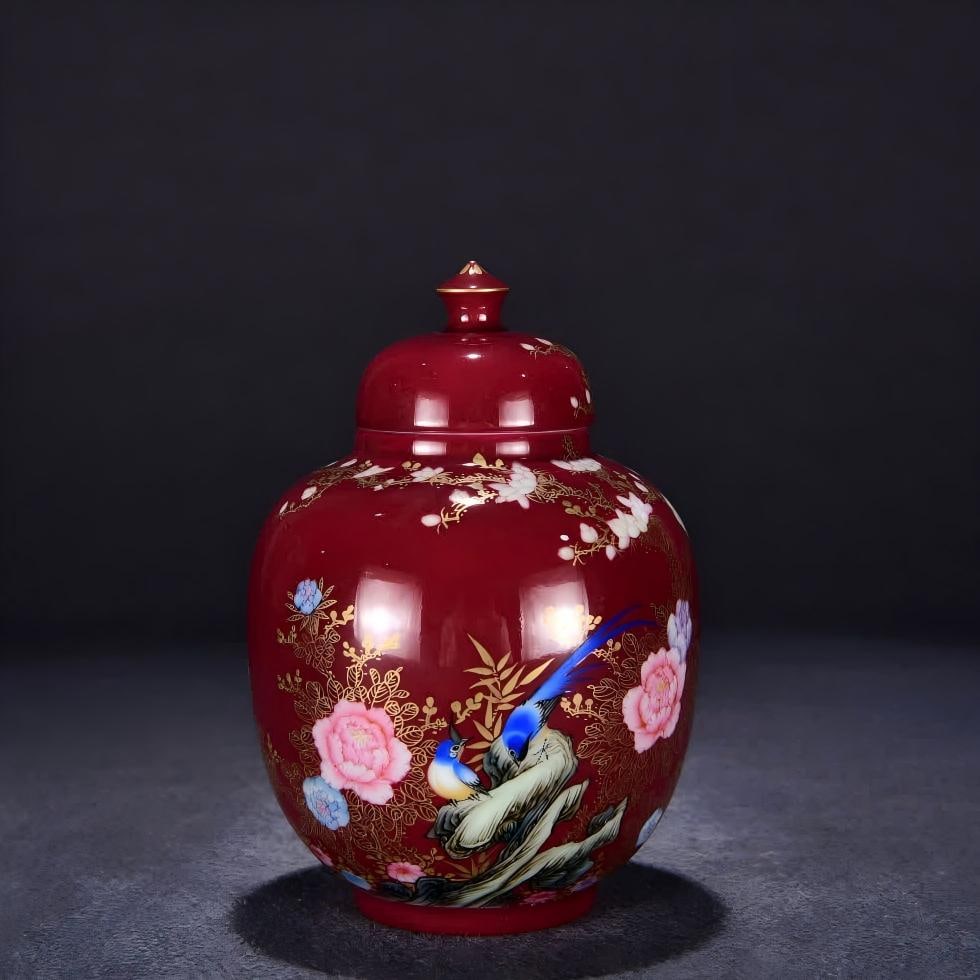 A Qing Yongzheng red background pastel gilded Jintang wealth cover jar: Qing Yongzheng red background pastel painted gold Jintang wealth cover jar SIZE: H:17cm W:12cm (The Dimensions Of All Batches Are Manually Measured.If You Need More Detailed Information, Please