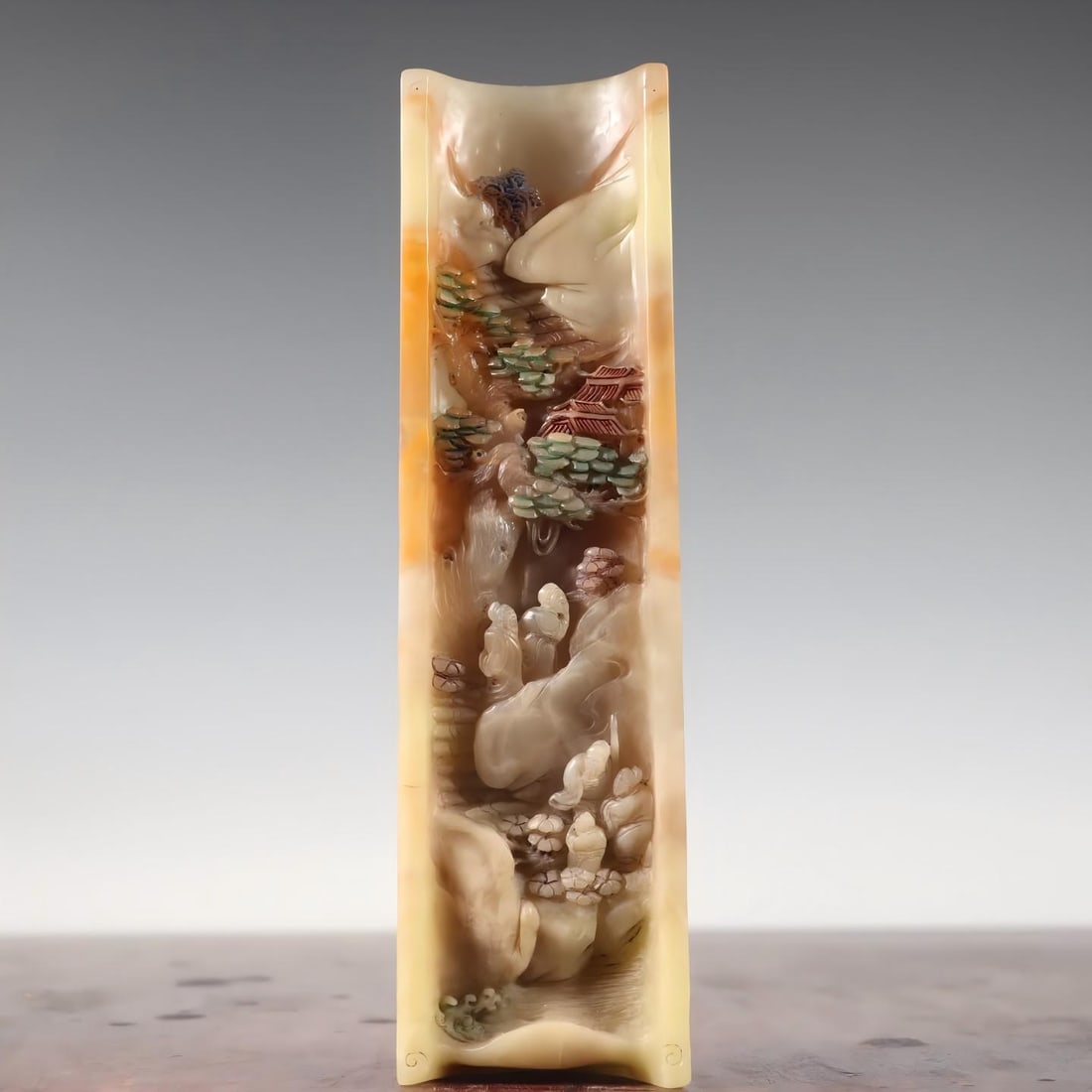 A Qing Dynasty Shoushan stone carving Panasonic Gaoshi painted armrest: Qing Dynasty Shoushan stone carving Panasonic Gaoshi painted armrest SIZE: 21x6x3.2cm W:400g (The Dimensions Of All Batches Are Manually Measured.If You Need More Detailed Information, Please Contact