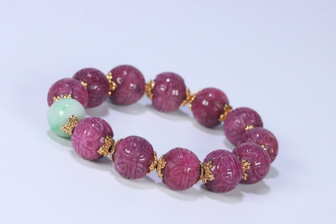 A late Qing Dynasty jade ruby group longevity pattern bracelet - 5