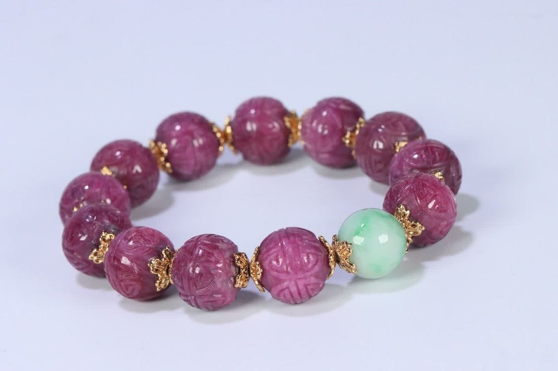 A late Qing Dynasty jade ruby group longevity pattern bracelet - 6