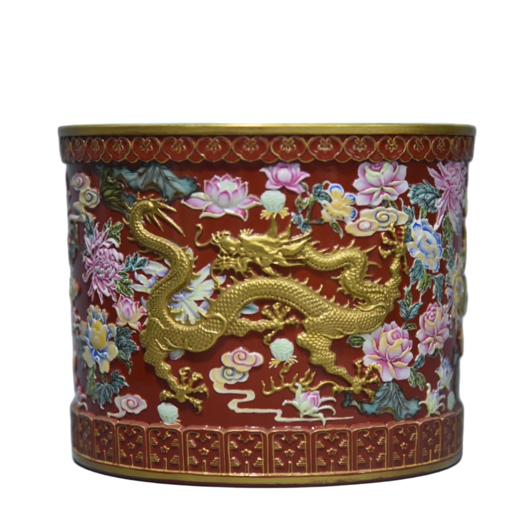 A Qing Dynasty carved double dragon play bead enamel kaleidoscope pen holder: Qing Dynasty carved double dragon play beads enamel kaleidoscope pen holder SIZE: H: 17cm mouth 21cm (The Dimensions Of All Batches Are Manually Measured.If You Need More Detailed Information, Please