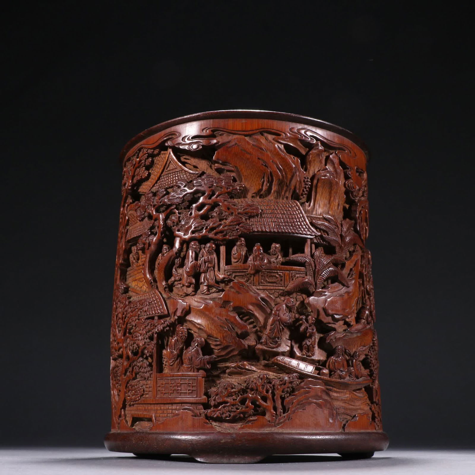 A Qing Dynasty bamboo carving landscape picture character picture story pen holder: Qing Dynasty bamboo carving landscape picture character picture story pen holder SIZE: H:19cm W:16.5cm W:925g (The Dimensions Of All Batches Are Manually Measured.If You Need More Detailed