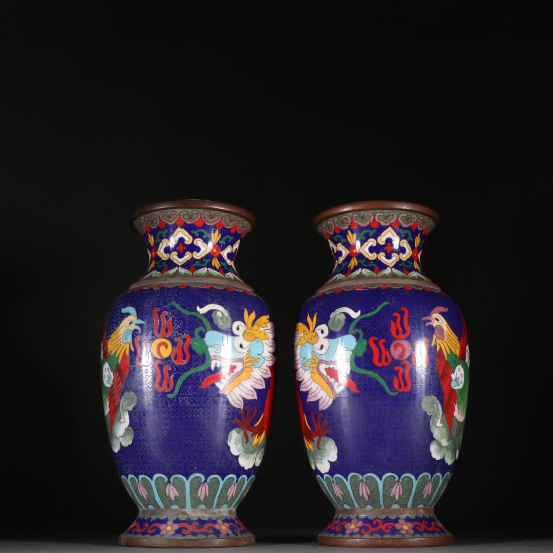A pair of bronze cloisonné dragon and phoenix bottles (1 of 9)