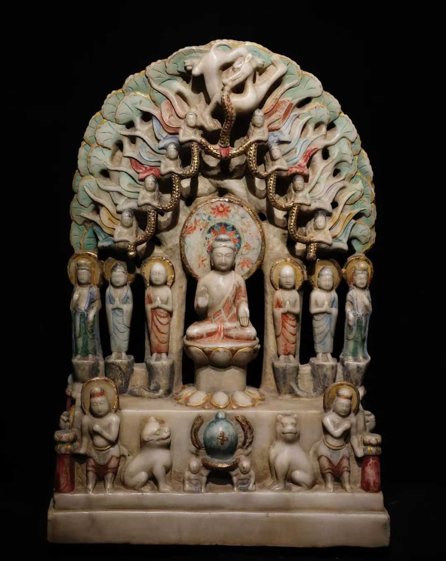 A Northern Qi white jade painted hollow back Buddha: Northern Qi Han white jade painted hollow back Buddha SIZE: White jade painted hollow backrest Buddha H: 80cm W: 55cm thickness 21cm (The Dimensions Of All Batches Are Manually Measured.If You Need