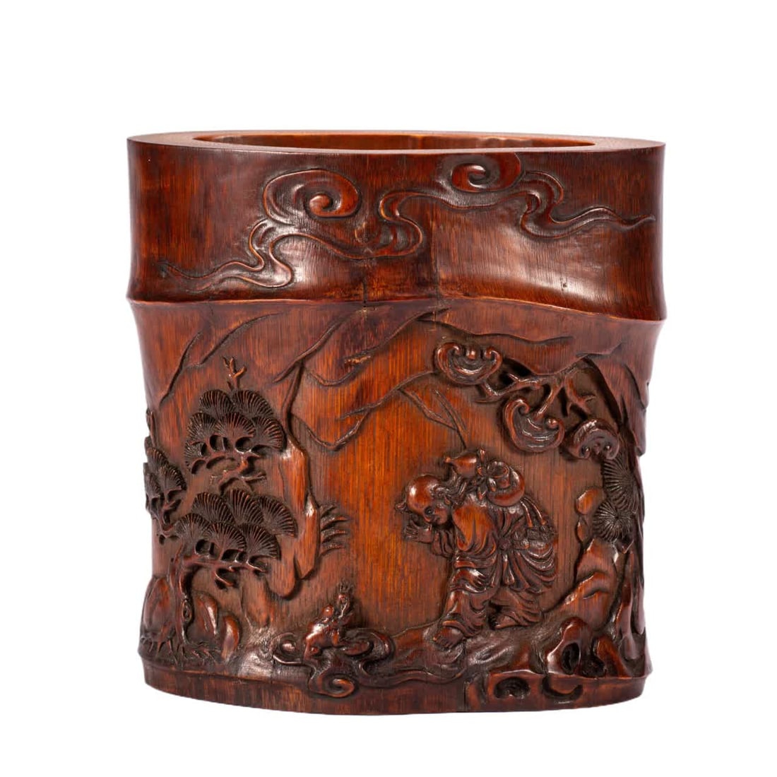 A bamboo carved pen holder from the Qing Dynasty: Bamboo carving pen holder in the Qing Dynasty SIZE: L:16cm W:9.5cm H:16.5cm (The Dimensions Of All Batches Are Manually Measured.If You Need More Detailed Information, Please Contact Our Customer Serv