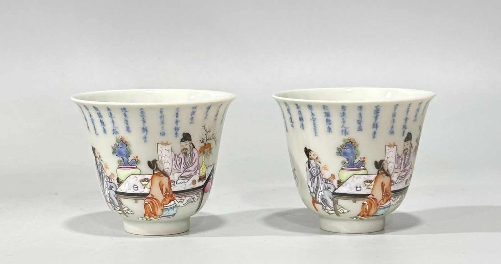 A pair of Qing Yongzheng pastel blue and white poetic characters Yajitu cup: Qing Yongzheng pastel blue and white poetry and literary character elegant collection picture cup SIZE: H:5.2cm mouthD:6.3cm (The Dimensions Of All Batches Are Manually Measured.If You Need More Detai