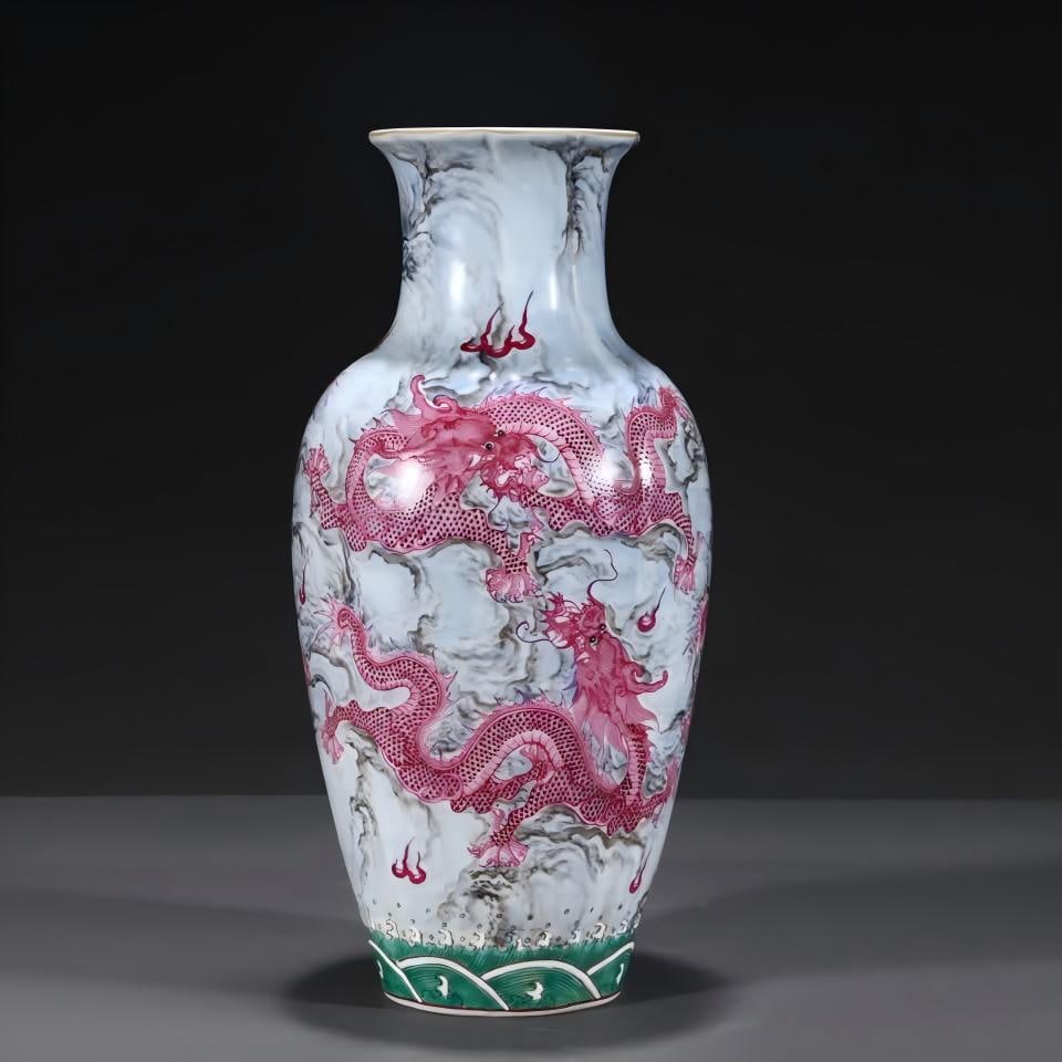 A gold-painted mallet bottle made in the Yongzheng era of the Qing Dynasty: Qing Yongzheng year ink color alum dragon pattern gold-painted stick mallet bottle SIZE: H: 31.7cm Abdominal diameter 15.5cm Drawing H: 62cm W: 27.5cm (The Dimensions Of All Batches Are Manually Measu