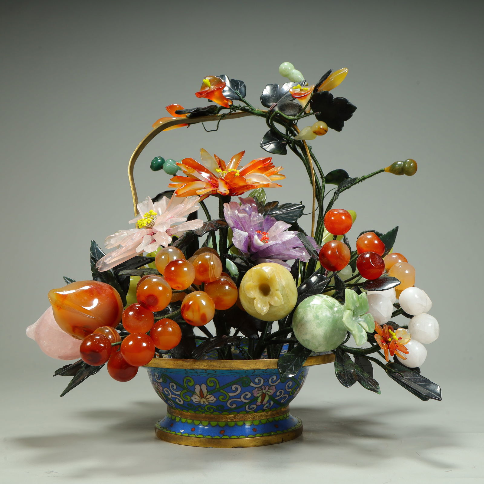 A jade treasure cloisonné basket ornament: Jade cloisonné basket ornament SIZE: H:29cm L:30cm W:27cm W:3kg (The Dimensions Of All Batches Are Manually Measured.If You Need More Detailed Information, Please Contact Our Customer Service Before