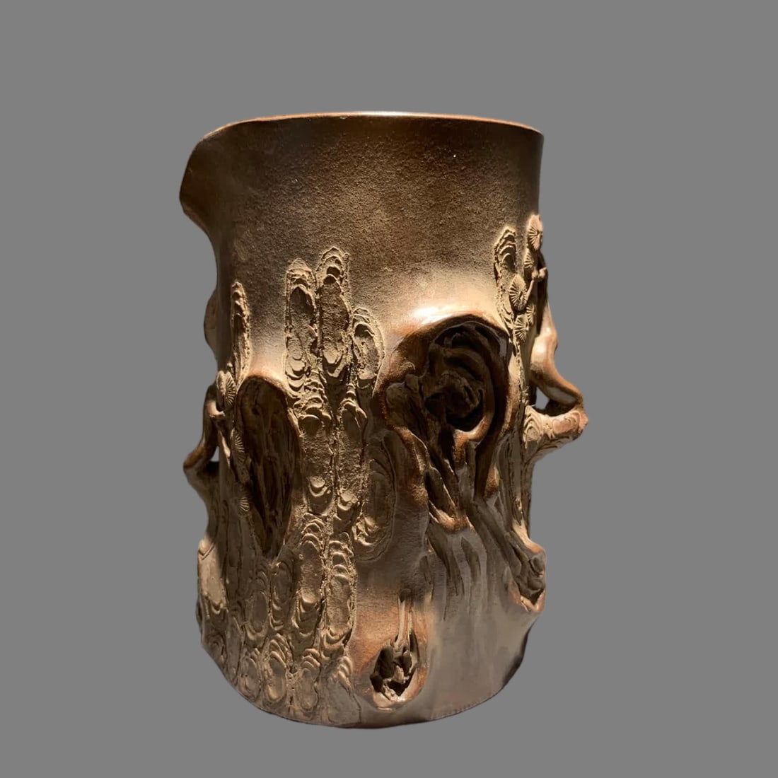 A late Qing Dynasty purple sand imitation stump pen holder: Late Qing Dynasty purple sand imitation stump pen holder SIZE: mouthD:9cm H:15cm (The Dimensions Of All Batches Are Manually Measured.If You Need More Detailed Information, Please Contact Our Customer