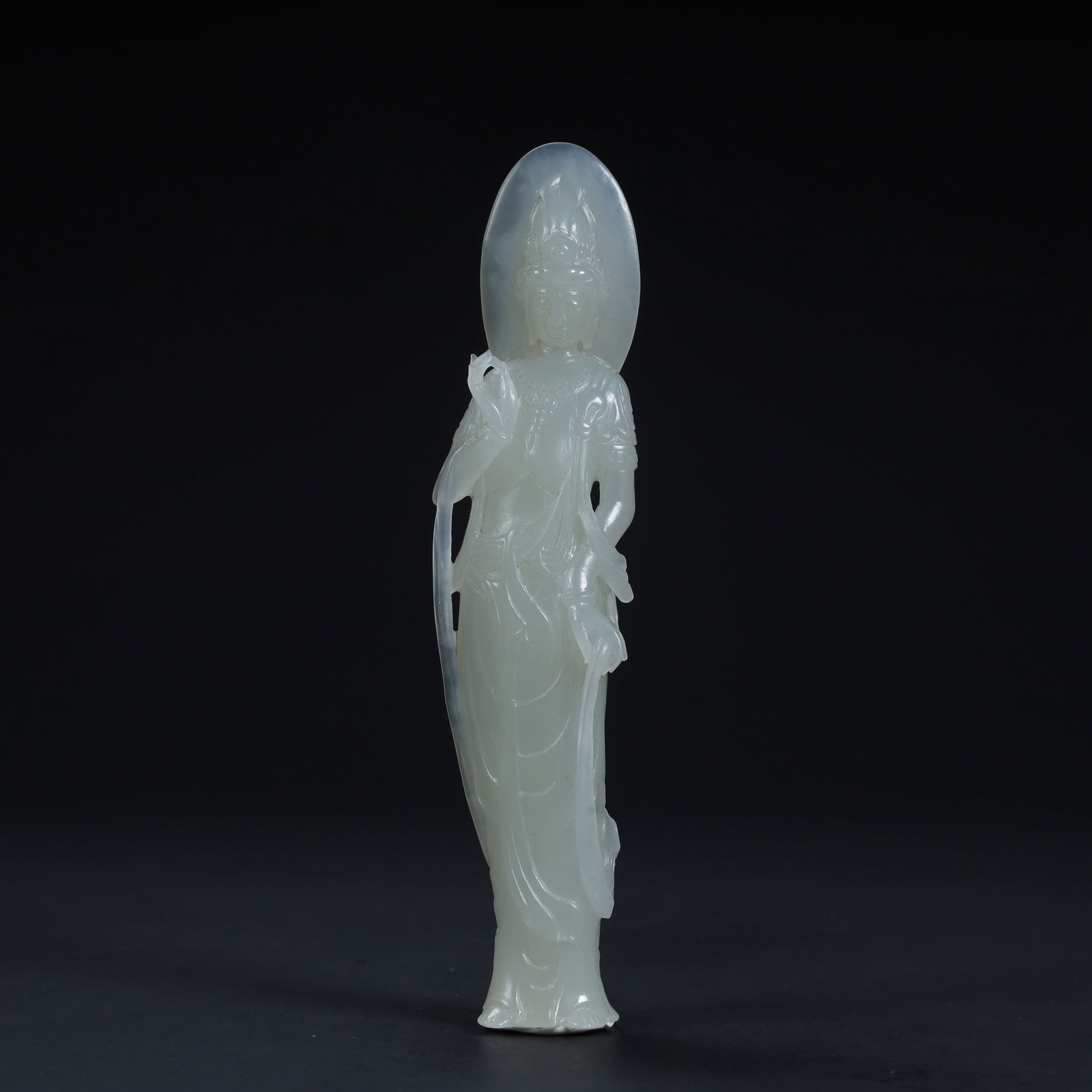 A Qing Dynasty Hetian jade "Guanyin Statue" ornament: Qing Dynasty Hetian jade "Guanyin Standing Statue" ornament SIZE: H:13.5cm L:3cm W:2cm W:90g (The Dimensions Of All Batches Are Manually Measured.If You Need More Detailed Information, Please Contact