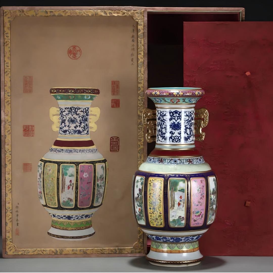 A piece of Qing Qianlong enamel colored porcelain king: Qing Qianlong enamel porcelain king SIZE: H: 48.7cm Abdominal diameter 24.5cm (The Dimensions Of All Batches Are Manually Measured.If You Need More Detailed Information, Please Contact Our Customer Se