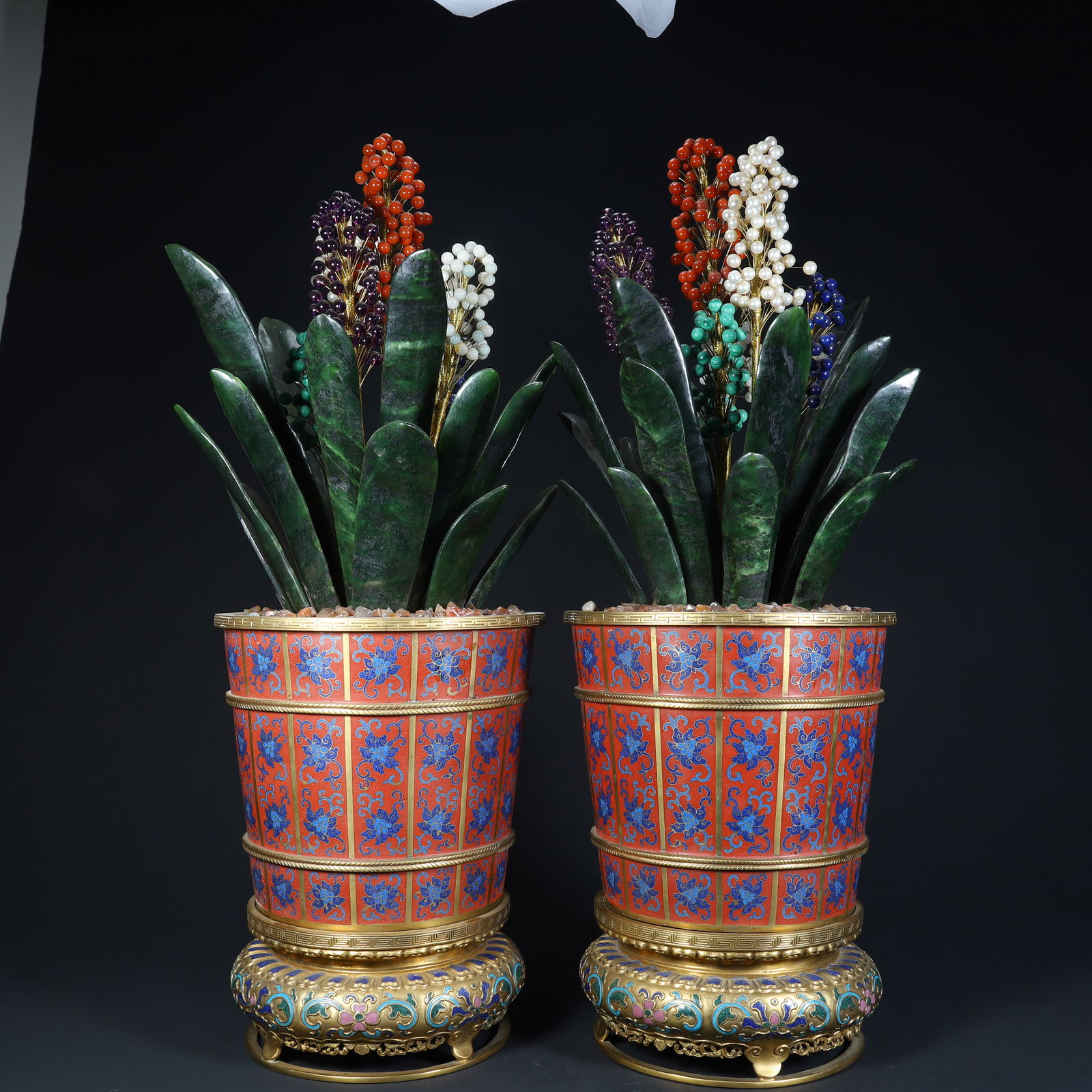 A pair of Qing Dynasty copper tire cloisonné enamel inlaid with treasure "flower bonsai" ornaments.: Qing Dynasty copper tire cloisonné enamel inlaid with treasure "flower bonsai" ornament. H: 58cm L: 27cm W: 21cm Total W: 16.8kg (The Dimensions Of All Batches Are Manually Measured.If You Need More