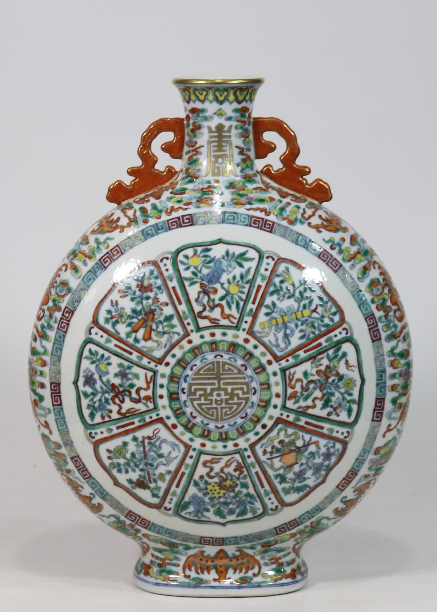 A Qing Qianlong year Doucai eight-treasure pattern double-eared moon vase: Qing Qianlong year made Doucai eight treasure pattern amphorae moon vase SIZE: H: 39cm Belly W: 28cm (The Dimensions Of All Batches Are Manually Measured.If You Need More Detailed Information, Please