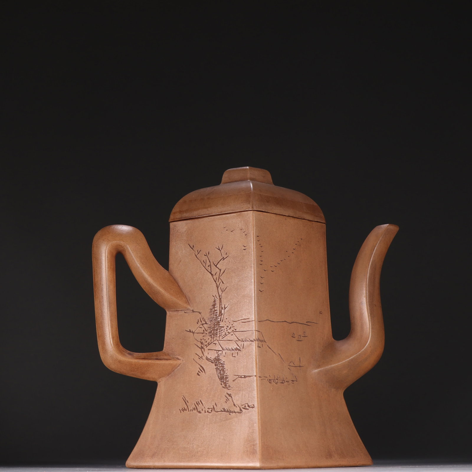 A famous purple sand landscape poetry teapot: Famous purple sand landscape poetry teapot SIZE: H:16.2cm W:17.6cm (The Dimensions Of All Batches Are Manually Measured.If You Need More Detailed Information, Please Contact Our Customer Service Befor