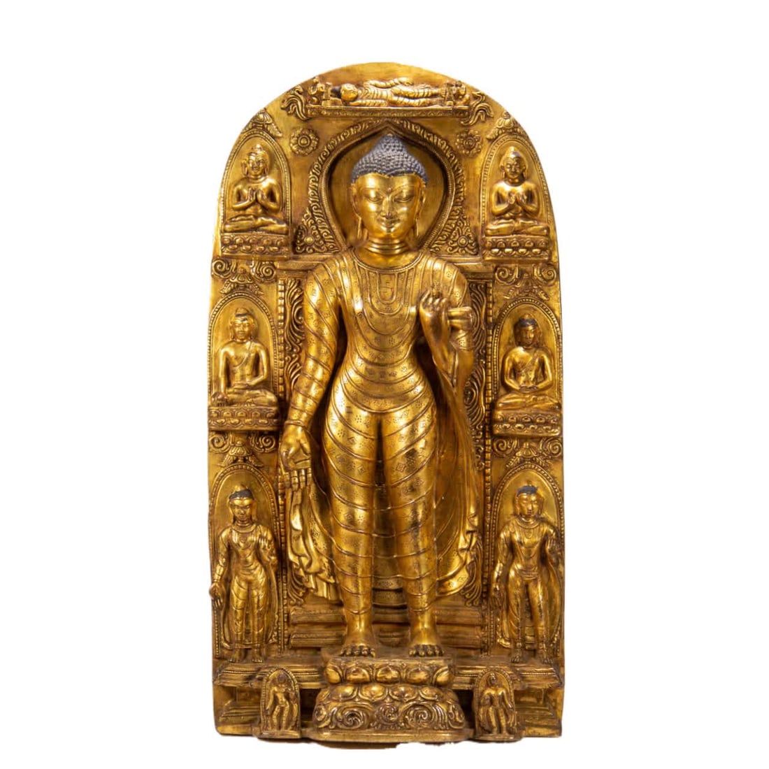 A bronze gilt Buddha statue of the Qing Dynasty: A copper-gilt Buddha statue of the Qing Dynasty SIZE: L:33cm W:12cm H:63cm (The Dimensions Of All Batches Are Manually Measured.If You Need More Detailed Information, Please Contact Our Customer Servi