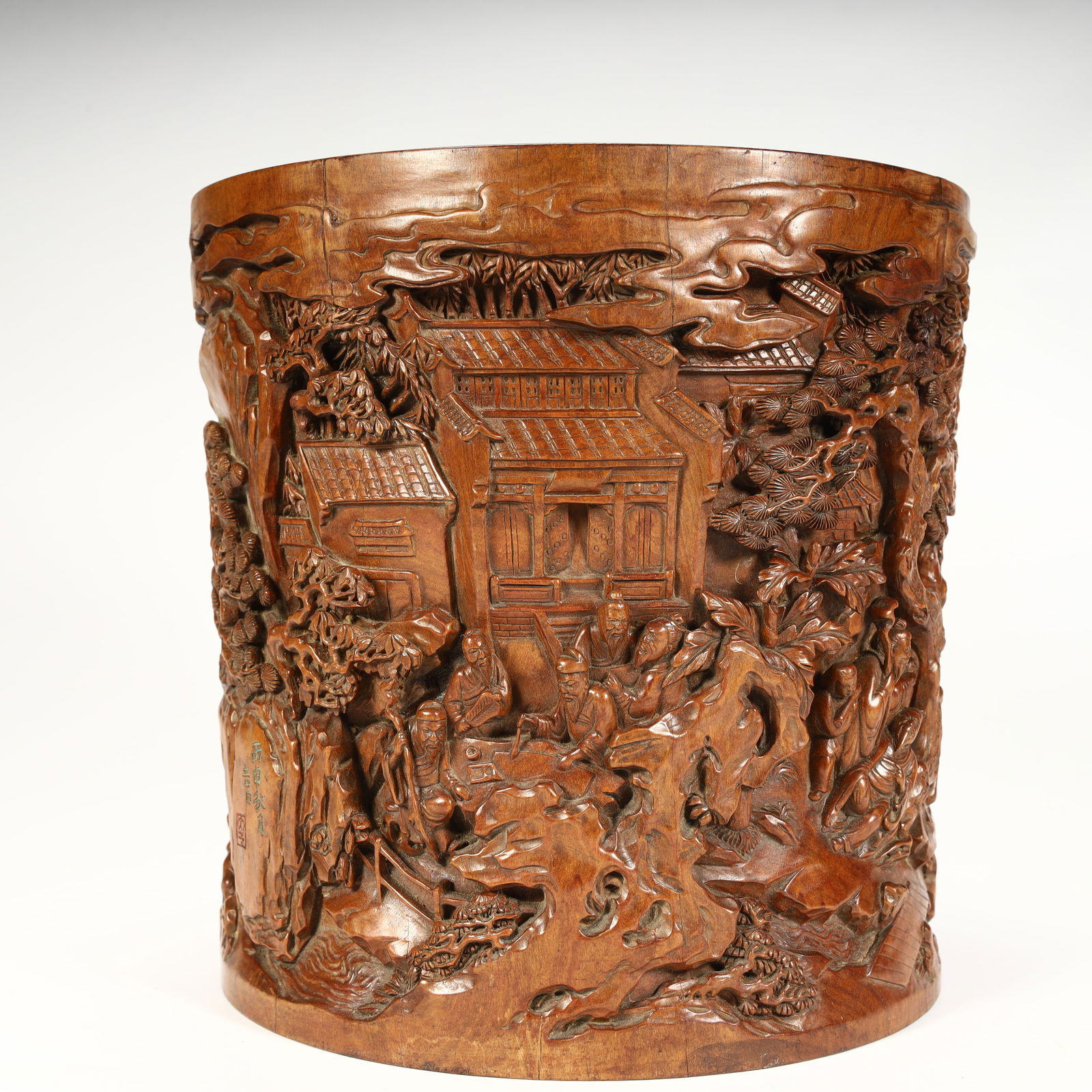 A Qing Dynasty boxwood carving literati elegant collection pattern pen holder: Qing Dynasty boxwood carving literati elegant collection pattern pen holder SIZE: H:18cm L:17.5cm W:17.5cm W:1548g (The Dimensions Of All Batches Are Manually Measured.If You Need More Detailed Inform