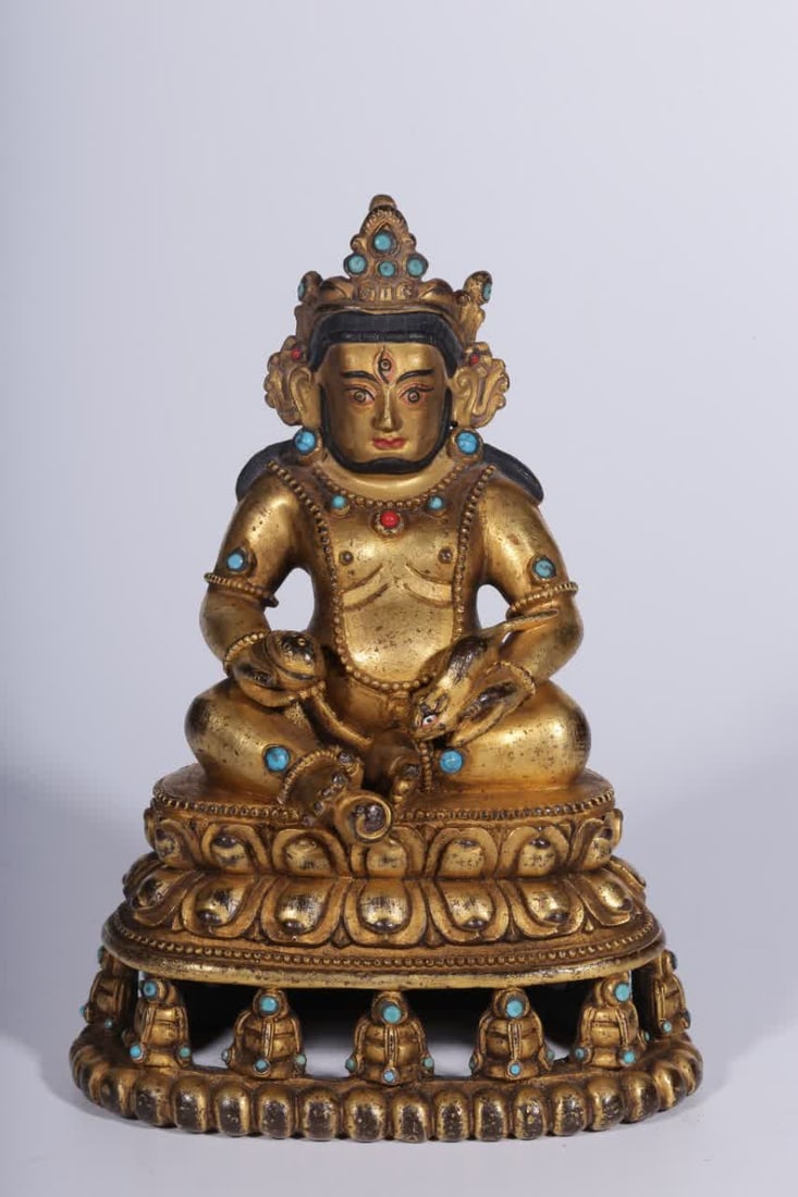 A seated statue of the God of Wealth in the Qing Dynasty with copper gilt inlaid treasures: Qing Dynasty copper gilt inlaid treasure yellow seated statue of the God of Wealth SIZE: H:14.5cm L:10.5cm W:7.5cm W:817g (The Dimensions Of All Batches Are Manually Measured.If You Need More Detailed