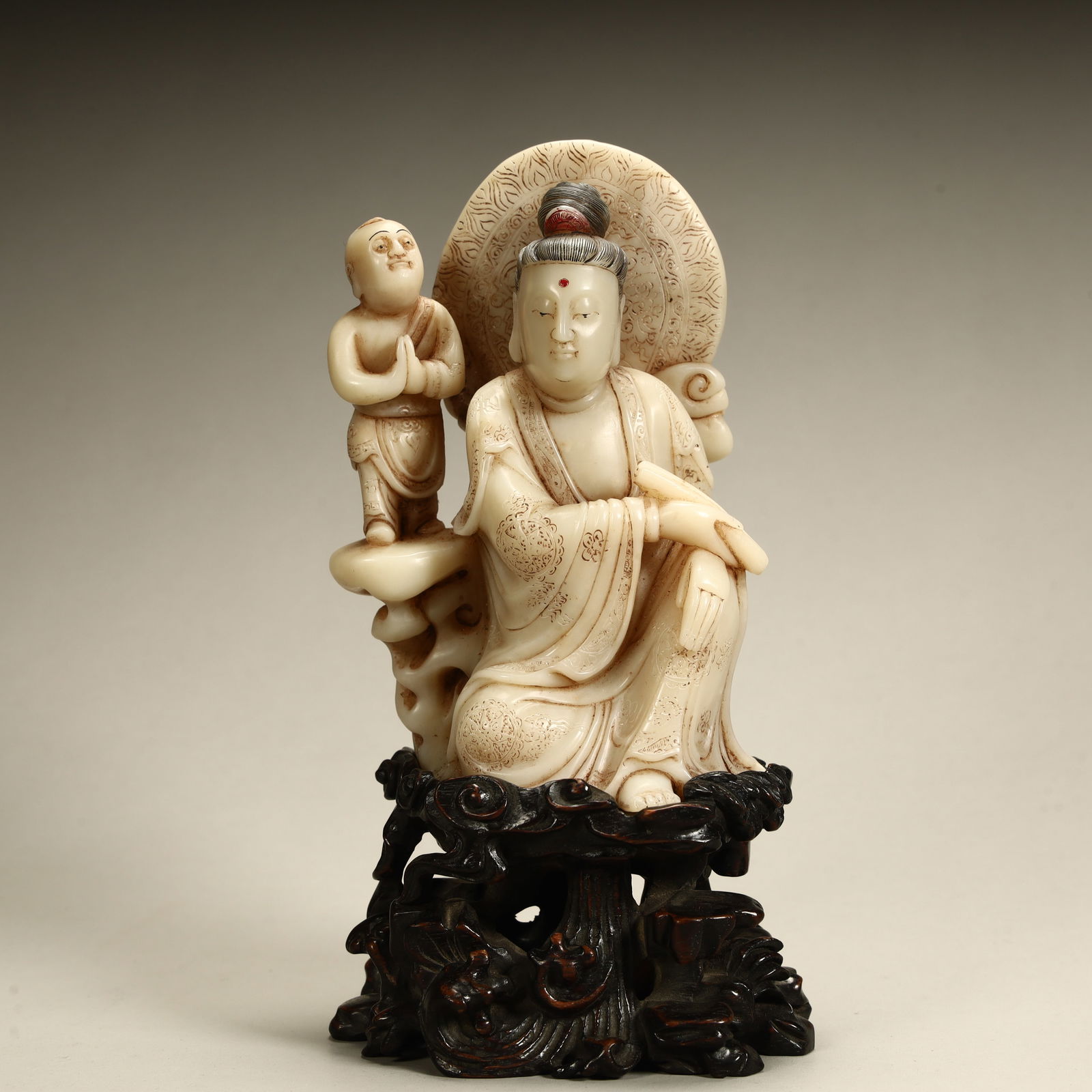 A statue of Guanyin boy carved in stone from Shoushan: Shoushan stone carving Guanyin boy statue SIZE: H:15cm L:7.5cm W:5.5cm W:395g (The Dimensions Of All Batches Are Manually Measured.If You Need More Detailed Information, Please Contact Our Customer Se