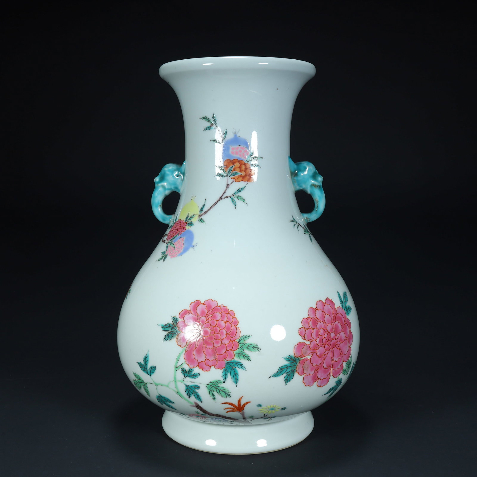 A Qing Dynasty pastel "Flowers Bloom and Wealth" elephant ear appreciation bottle,: Qing Dynasty pastel "flowers bloom and rich" elephant ear appreciation bottle, SIZE: H:34cm L:20cm W:20cm W:3.3kg (The Dimensions Of All Batches Are Manually Measured.If You Need More Detailed Informa