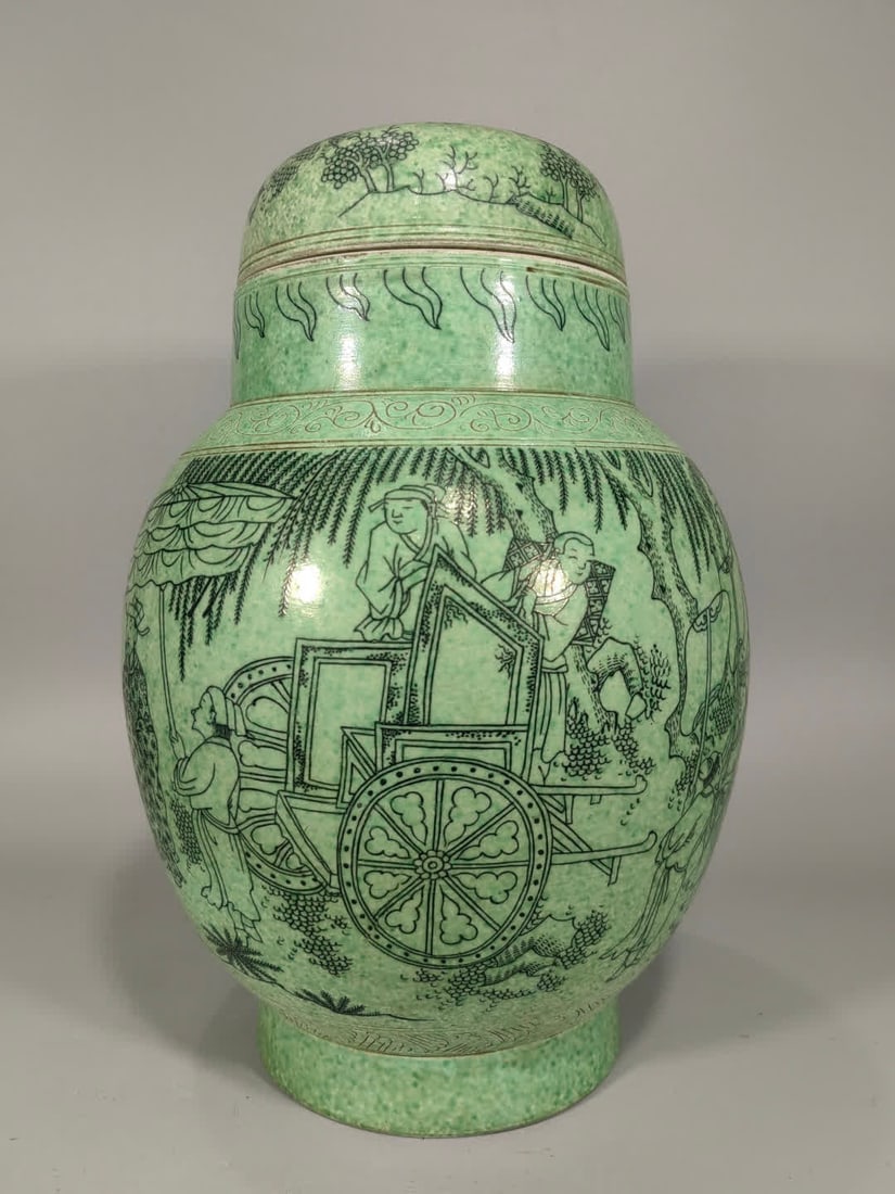 A Qing Dynasty ink-bottomed figure lid jar: Qing Dynasty ink bottom figure lid jar SIZE: H:30cm W:22cm (The Dimensions Of All Batches Are Manually Measured.If You Need More Detailed Information, Please Contact Our Customer Service Before Biddin