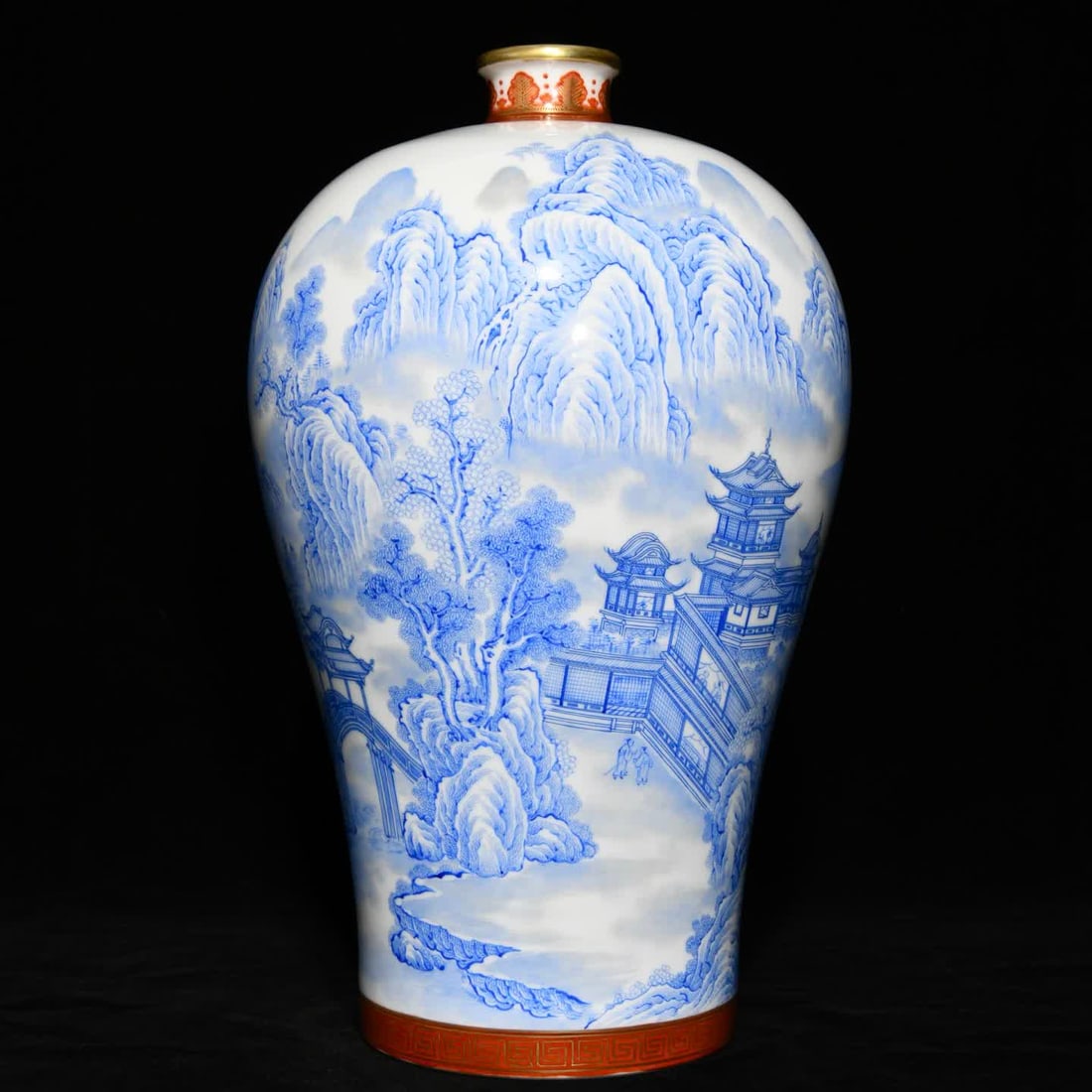 A Qing Yongzheng sapphire blue landscape figure pattern plum bottle: Qing Yongzheng sapphire blue landscape character pattern plum bottle SIZE: H:39cm D:24cm (The Dimensions Of All Batches Are Manually Measured.If You Need More Detailed Information, Please Contact Our