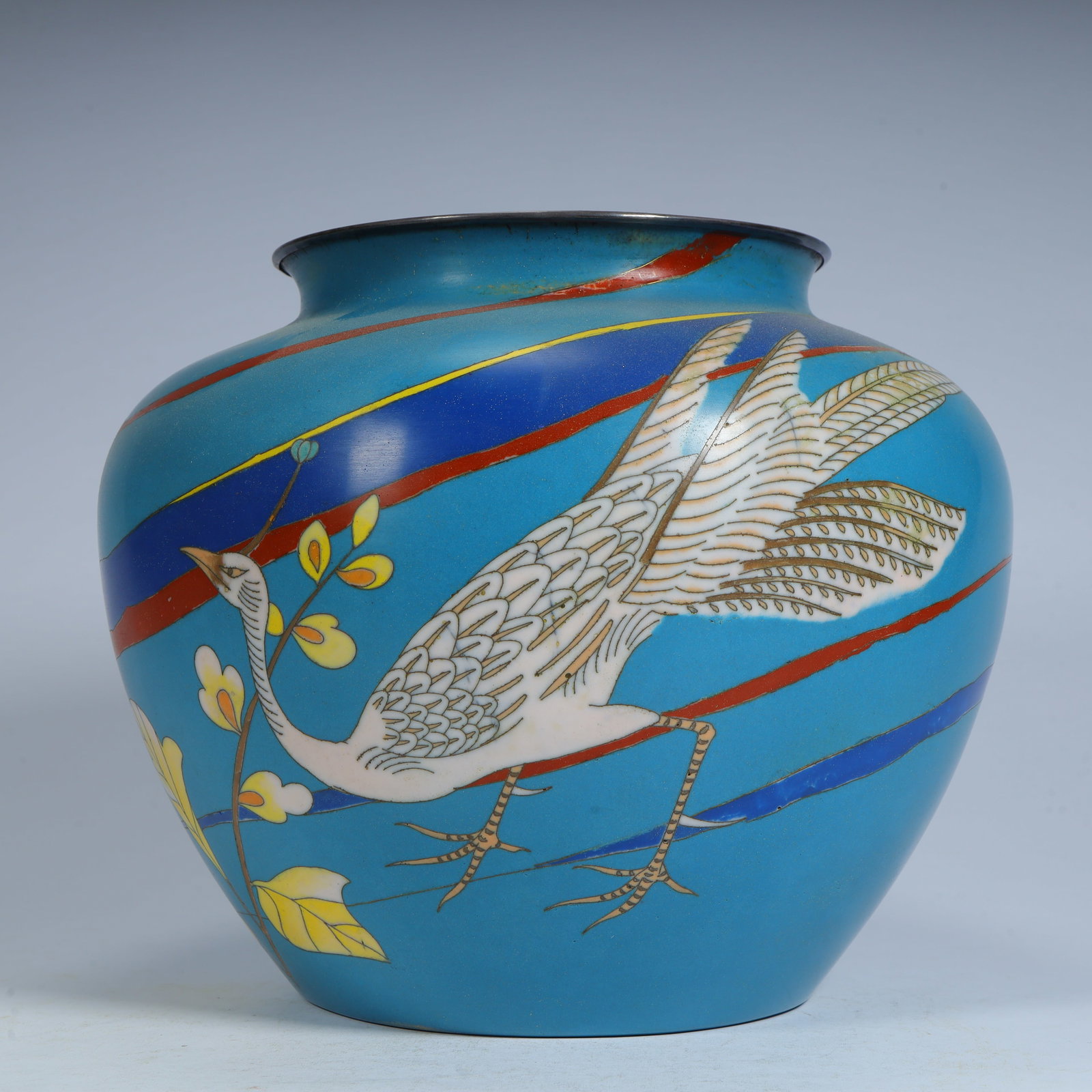 A copper tire painting enamel crane pattern jar: Copper tire painting enamel crane pattern jar SIZE: H:20cm L:23cm W:23cm W:1303g (The Dimensions Of All Batches Are Manually Measured.If You Need More Detailed Information, Please Contact Our Customer