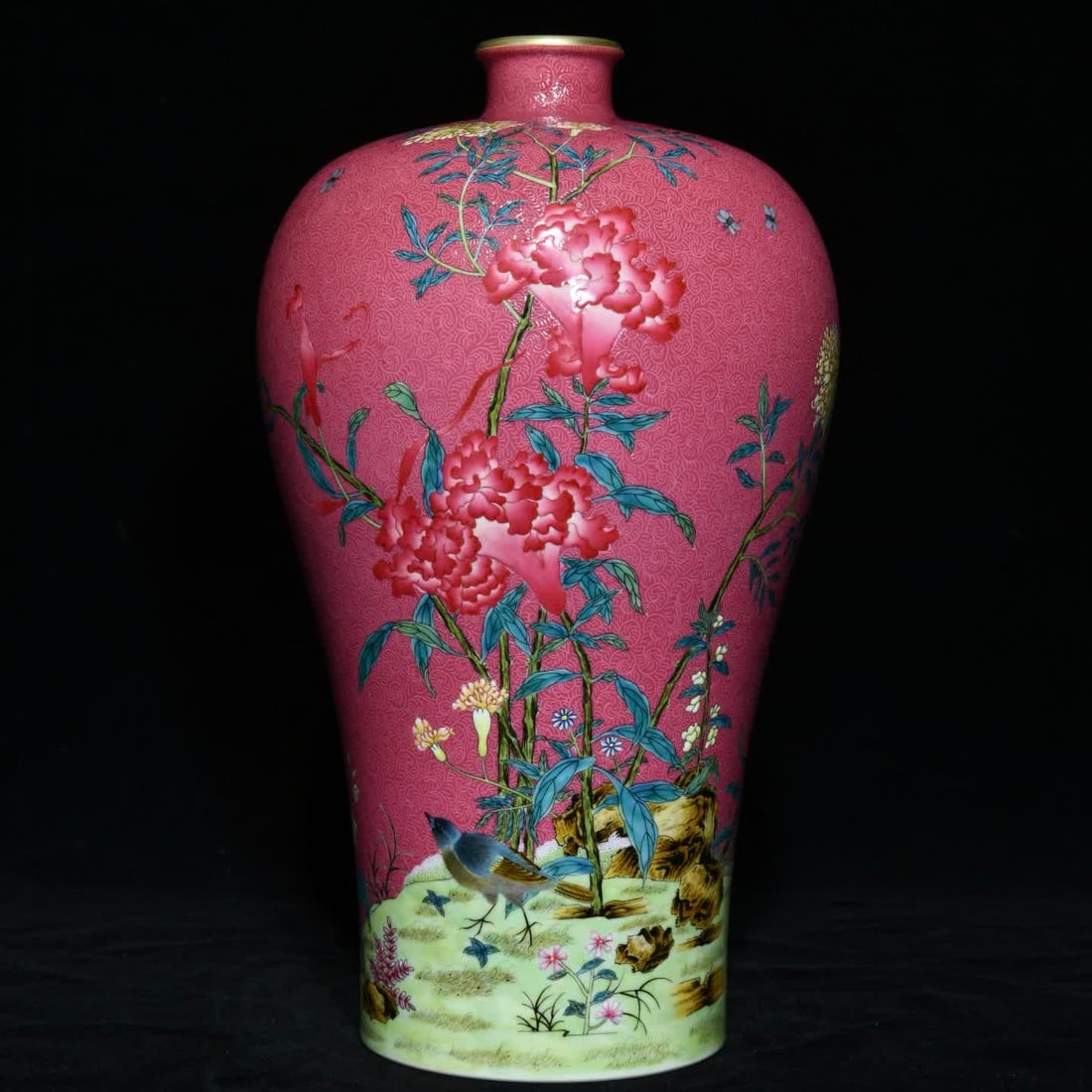 A Qing Yongzheng carmine ground rolled road pastel flower and bird pattern plum bottle: Qing Yongzheng carmine ground rolling road pastel flower and bird pattern plum vase SIZE: H:32.3cm D:18.3cm (The Dimensions Of All Batches Are Manually Measured.If You Need More Detailed Information,