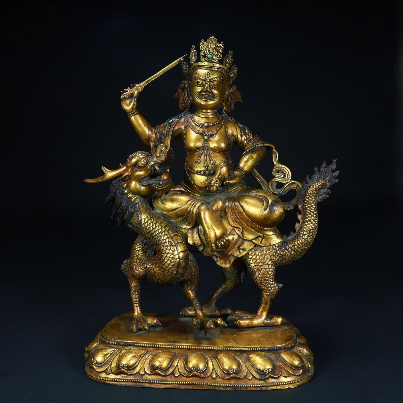 A statue of the God of Wealth in copper gilt in the Qing Dynasty: Qing Dynasty bronze gilt white god of wealth statue SIZE: H:42cm L:33cm W:16cm W:10kg (The Dimensions Of All Batches Are Manually Measured.If You Need More Detailed Information, Please Contact Our Cus