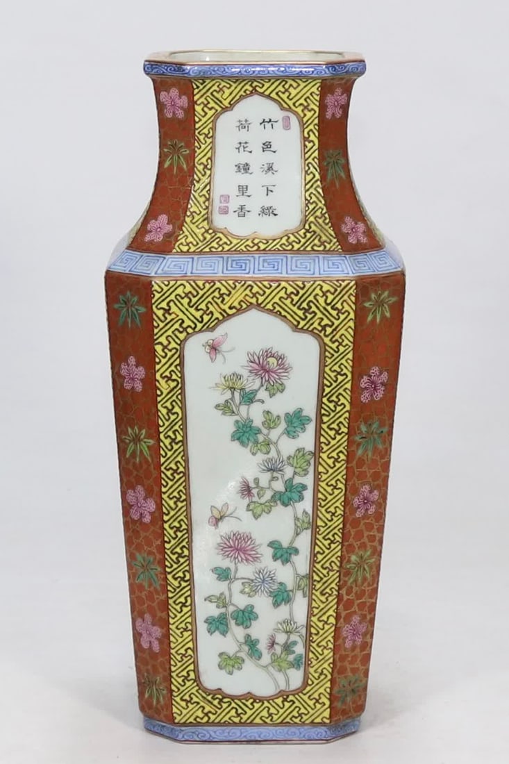A square bottle of Qing Qianlong year made 10,000-character version of the ground with windows and: Qing Qianlong year made a swastika version of the ground window four seasons flower poetry square vase SIZE: H:32.5cm mouthD:10cm (The Dimensions Of All Batches Are Manually Measured.If You Need More