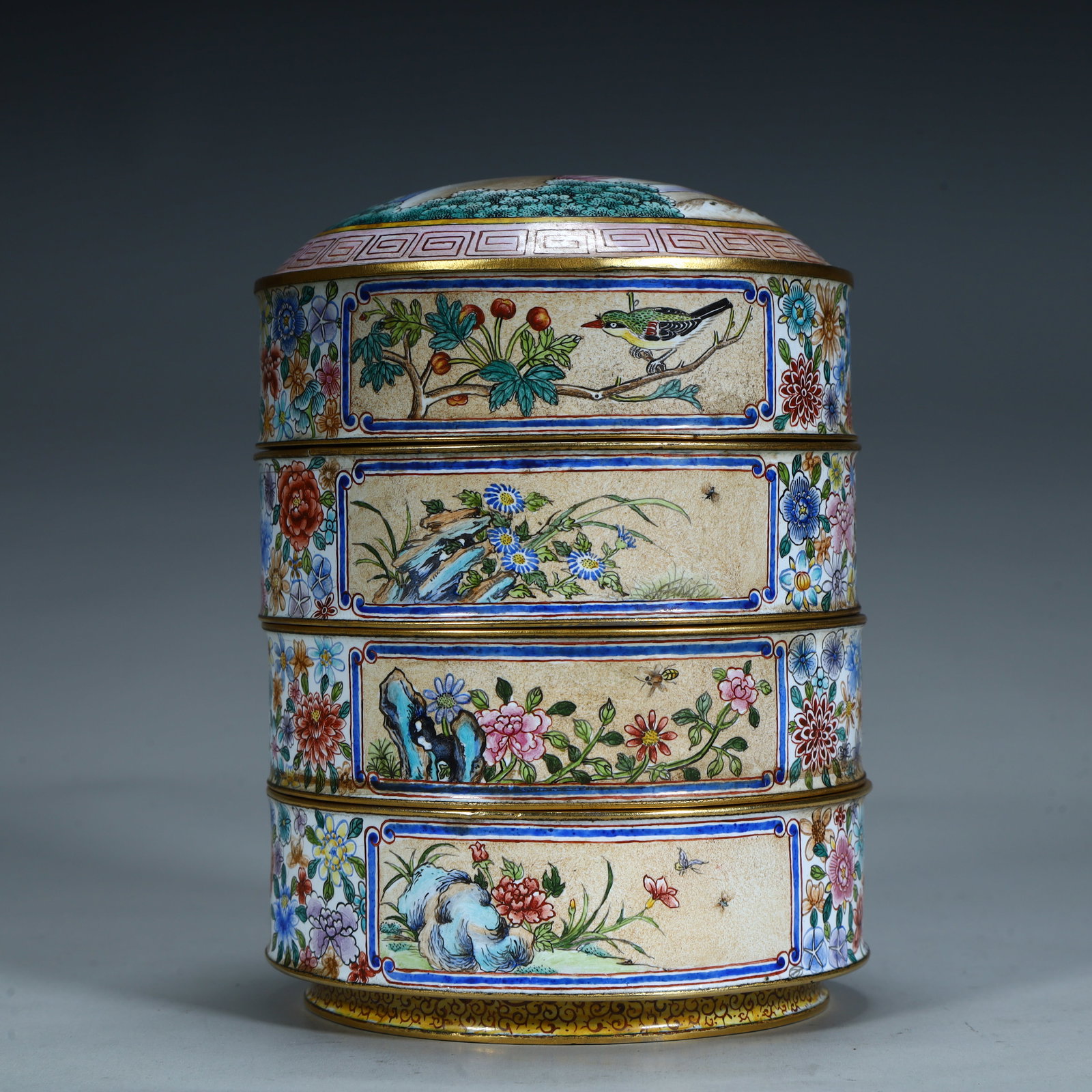 A Qing Dynasty copper tire painting enamel window flower and bird pattern multi-layer lid box: Qing Dynasty copper tire painting enamel window flower and bird pattern multi-layer lid box SIZE: H:13cm L:10cm W:10cm W:540g (The Dimensions Of All Batches Are Manually Measured.If You Need More Deta