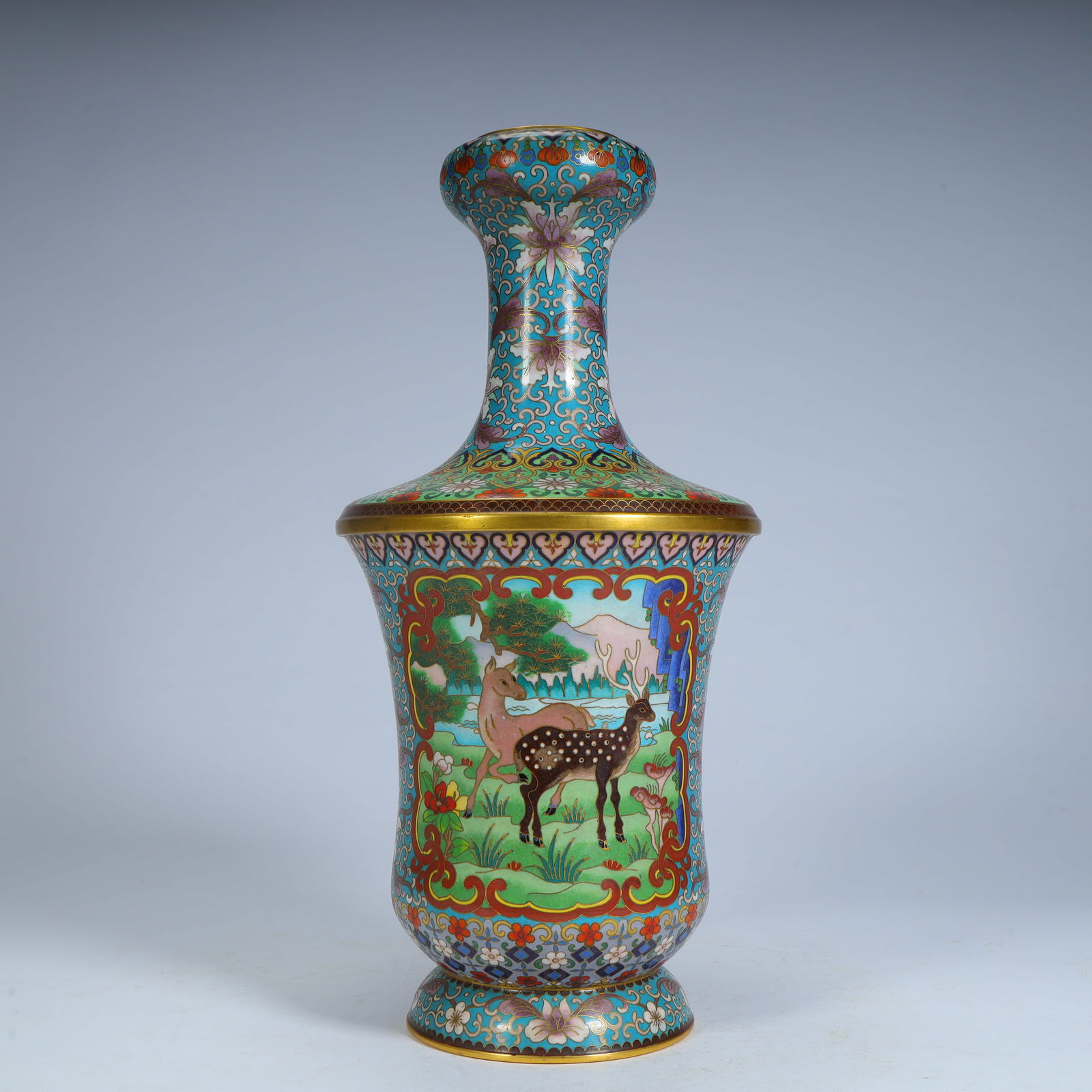 A cloisonné crane deer with a spring vase: Cloisonné crane deer and spring vase SIZE: H:31cm L:14cm W:14cm W:1014g (The Dimensions Of All Batches Are Manually Measured.If You Need More Detailed Information, Please Contact Our Customer Service
