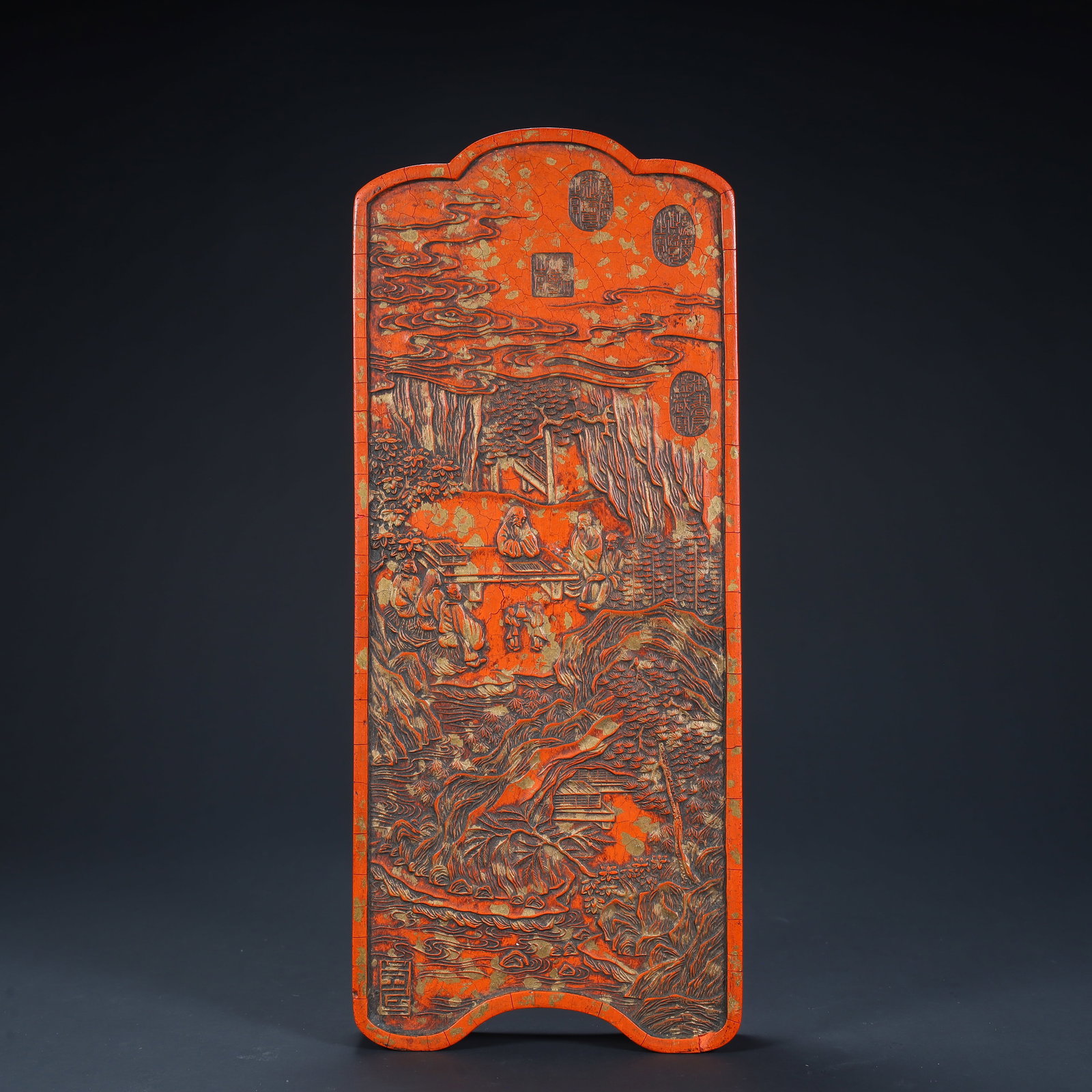 A Qing Dynasty cinnabar ink "landscape figure painting" ornament: Qing Dynasty cinnabar ink "landscape figure picture" ornament H:24cm L:10.3cm W:2.2cm W:1.8kg (The Dimensions Of All Batches Are Manually Measured.If You Need More Detailed Information, Please Contact