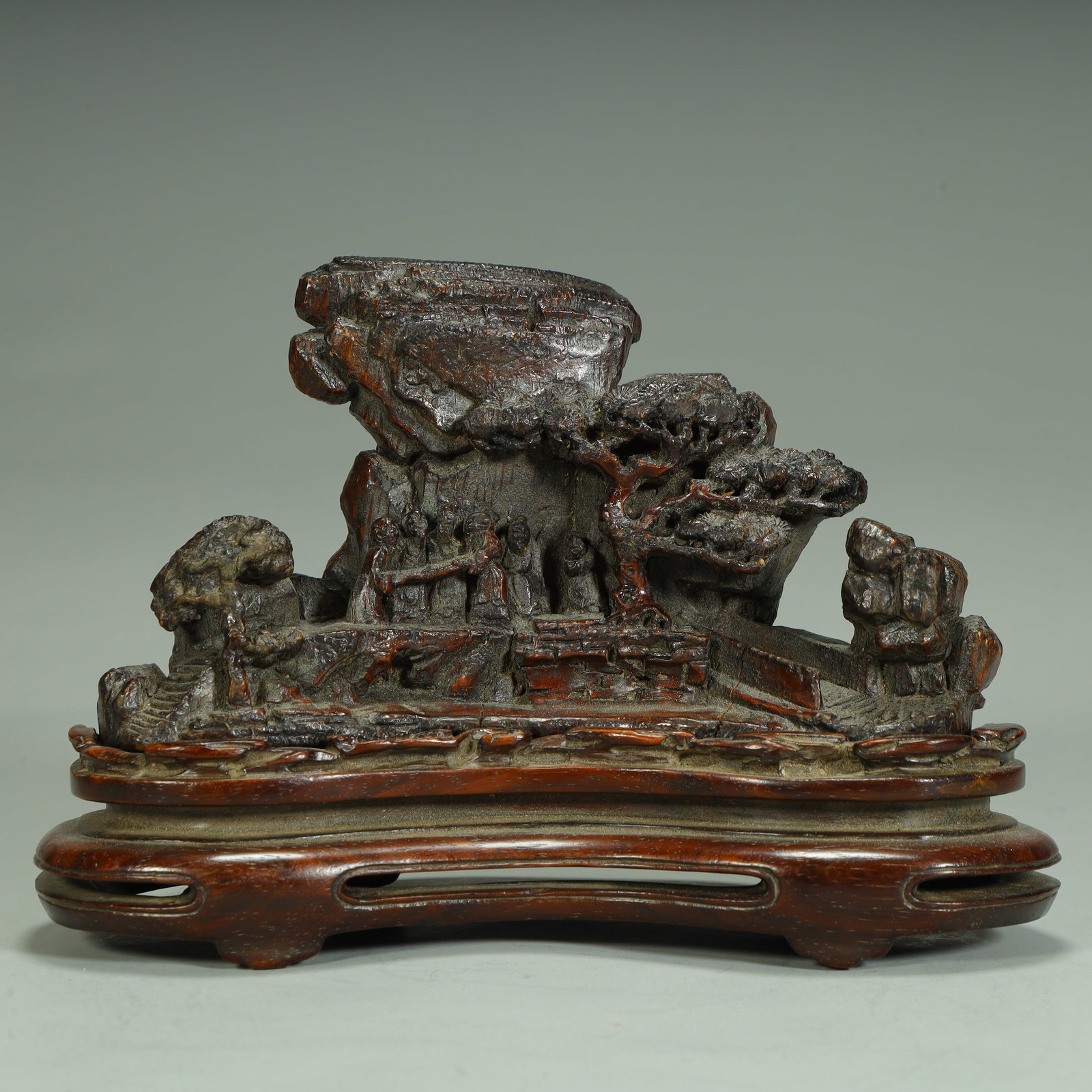 A Qing Dynasty bamboo root carved landscape figure ornament: Qing Dynasty bamboo root carving landscape figure ornament SIZE: Total H: 11cm L: 16cm W: 7cm Total W: 210g (The Dimensions Of All Batches Are Manually Measured.If You Need More Detailed Information,